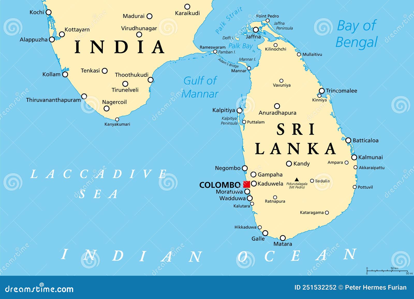 Sri Lanka and Part of Southern India, Political Map Stock Vector 