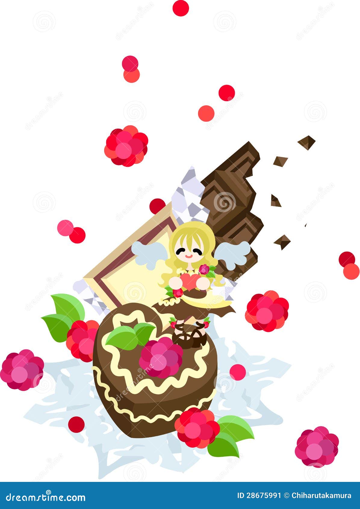 St. Dia de Valentim - o anjo do chocolate. Um bolo de chocolate doce, delicioso com completamente de uma framboesa e o creme do chicote. Um anjo do chocolate que aparece ao dia de Valentim do St. envia-o.