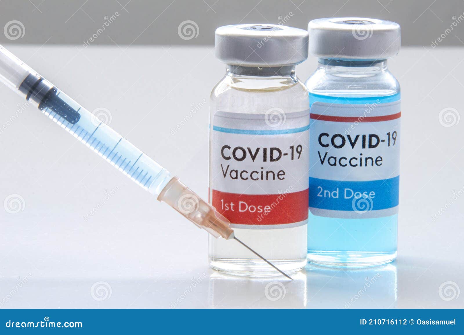1st dosis and a 2nd dosis of covid-19 vaccine on a vial bottle and injection