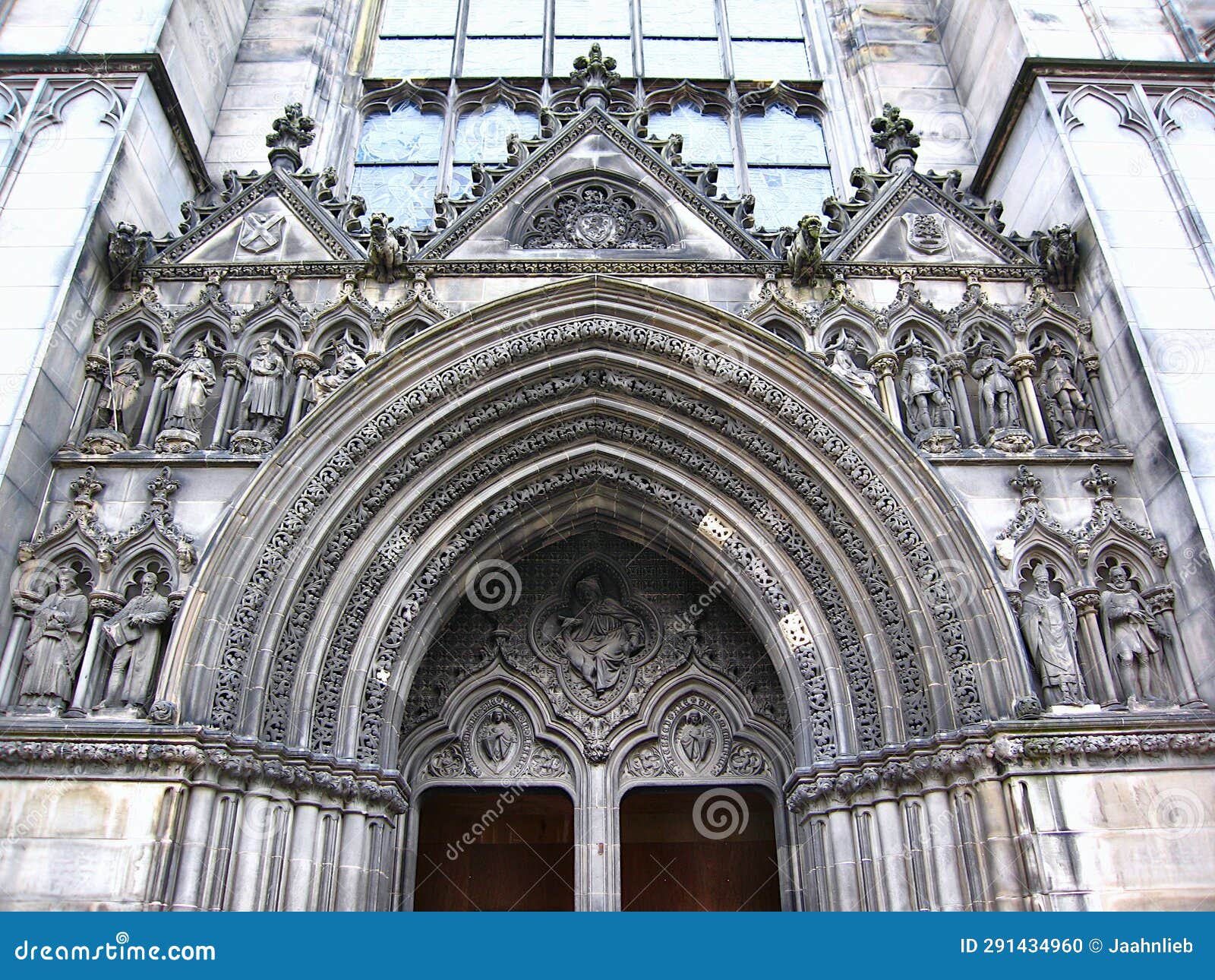 st. giles cathedral with details of gothic entrance, royal mile, edinburgh, scotland