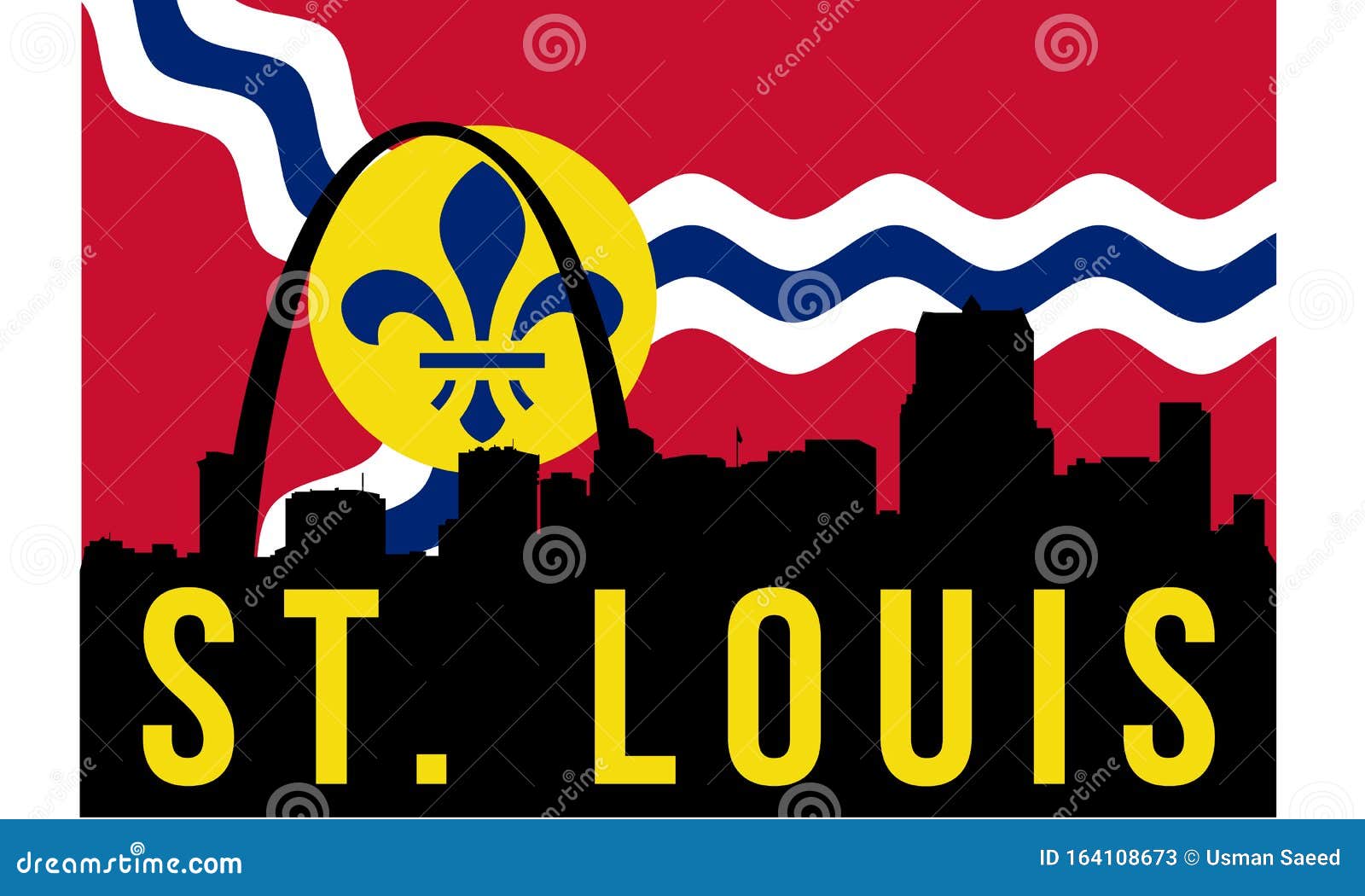 St. Louis City Skyline And Landmarks Silhouette, Black And White Design With Flag In Background ...