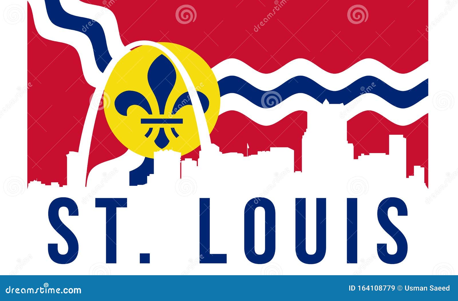 St. Louis City Skyline And Landmarks Silhouette, Black And White Design With Flag In Background ...