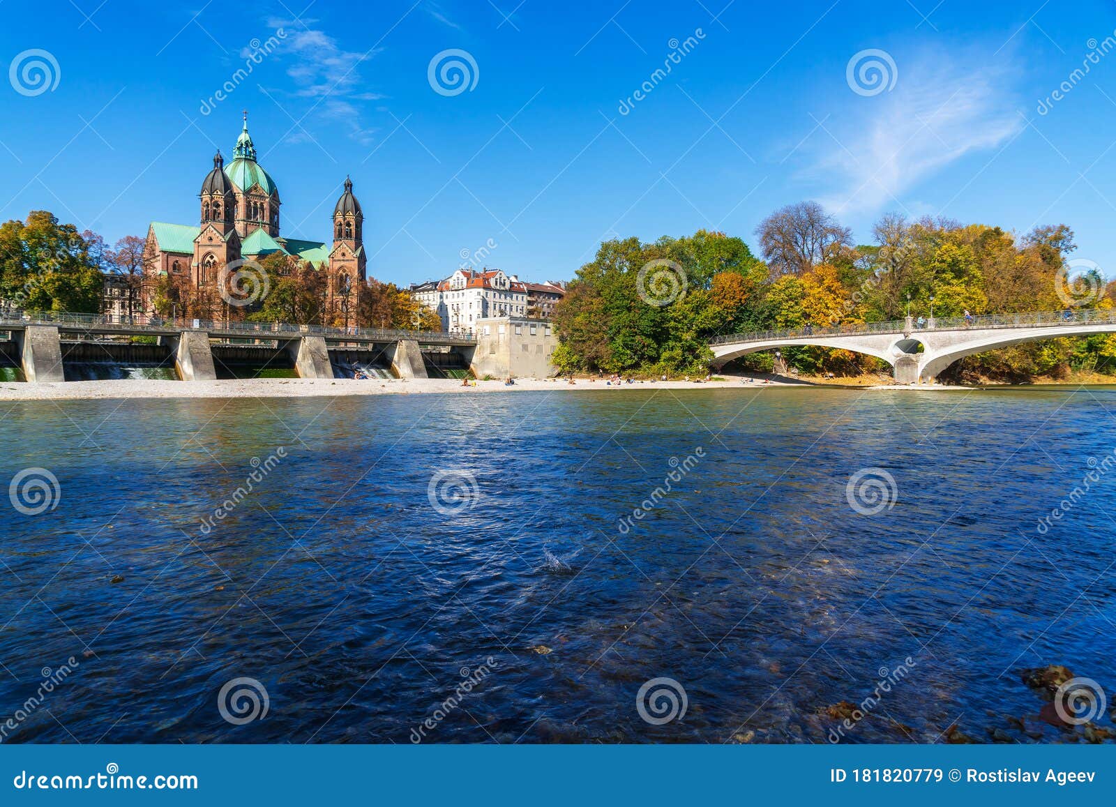 st. luke church near isar river and wehrsteg, munich, germany