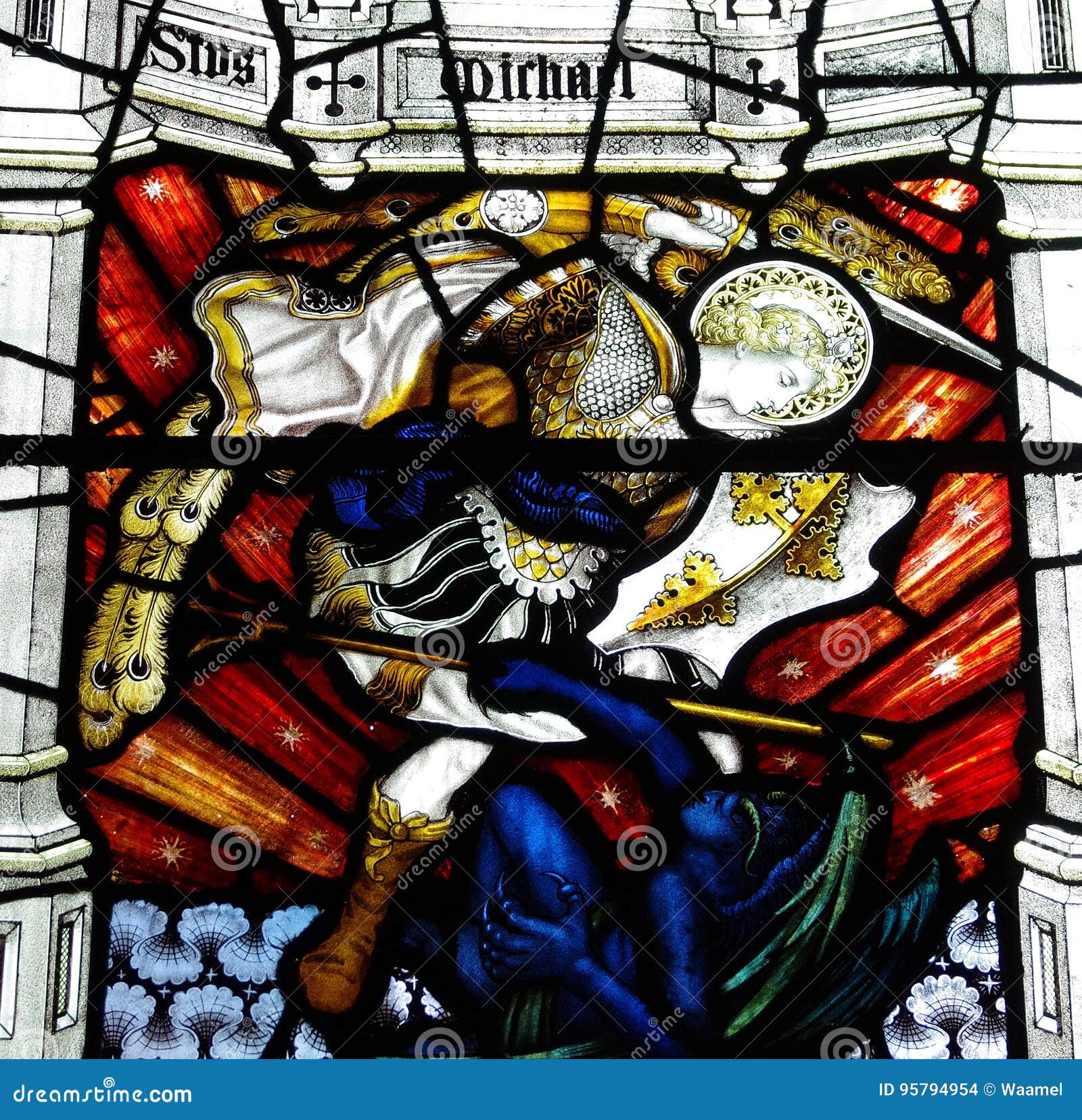 st. michael conquers the devil & x28;stained glass& x29;