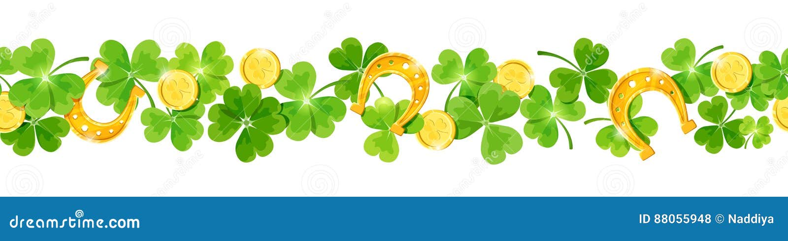 st. patrick`s day  horizontal seamless background with shamrock, coins and horseshoes.