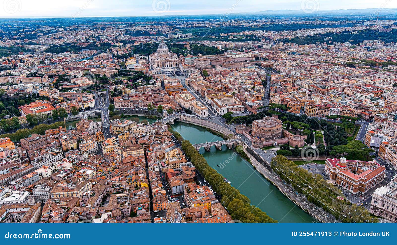 st. peter`s basilica in vatican city and rome aerial skyline in italy