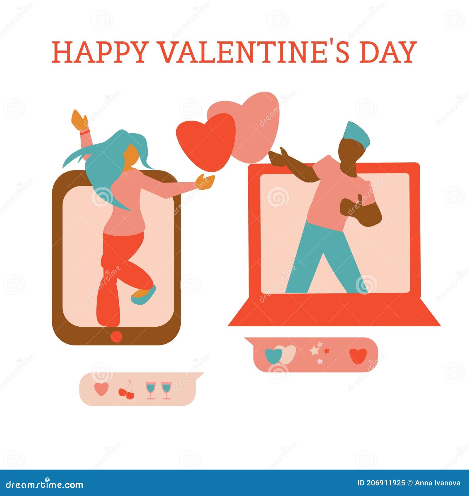 St Valentine Cards Long Distance Relationships of an Interracial Couple  Young Couple Dance Together through Video Call Stock Illustration -  Illustration of service, couple: 206911925