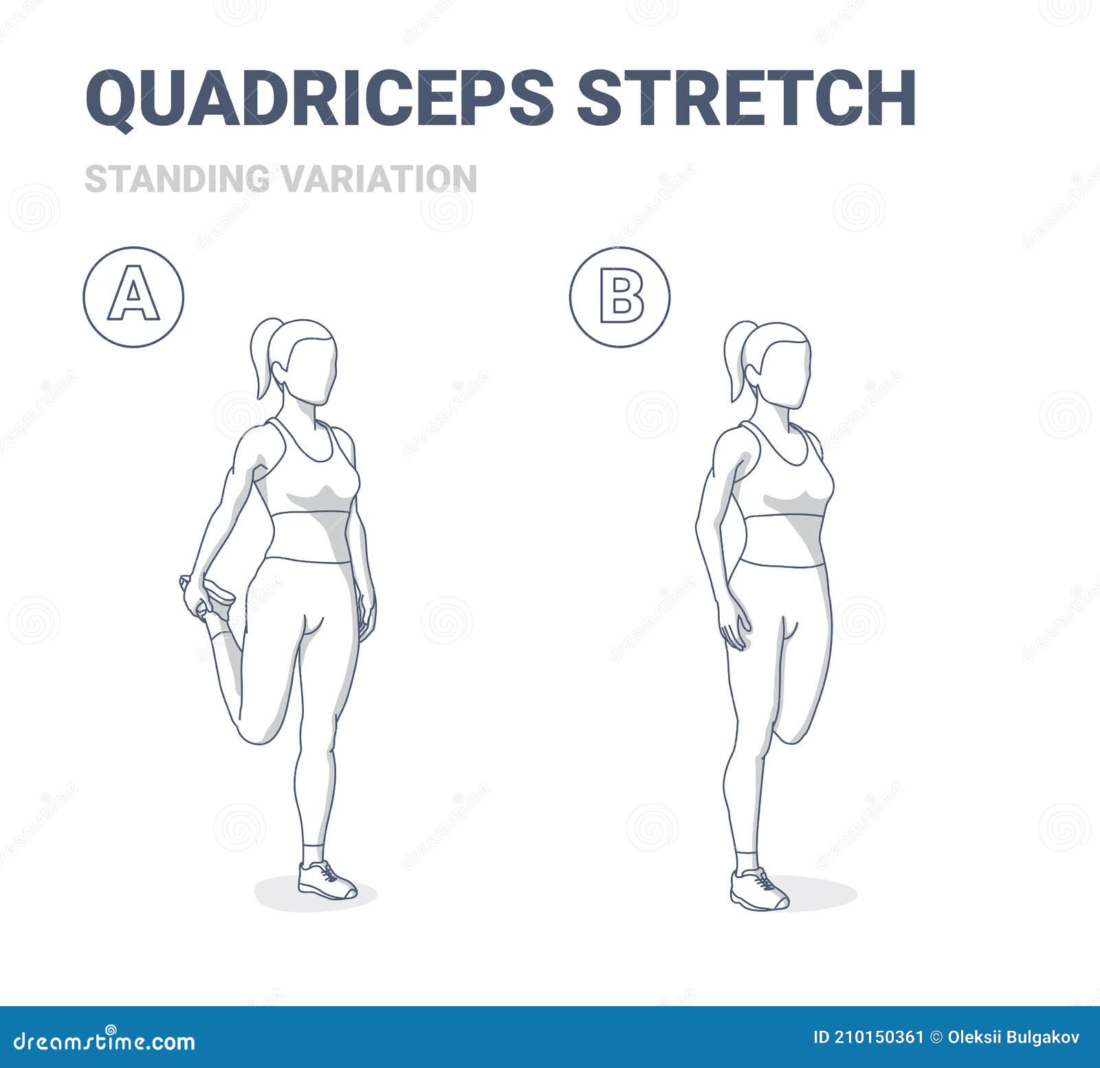 Staande Quadriceps Houden Meisje Trainingsinstructies. Atletische Vrouw in Sportkleding. Vector Illustratie - Illustration of spier, been: 210150361