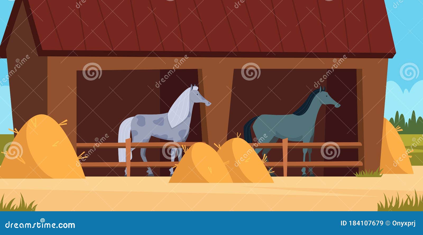 stable for horse. care for domestic animal strong horses eating equestrian equipment concept  cartoon background