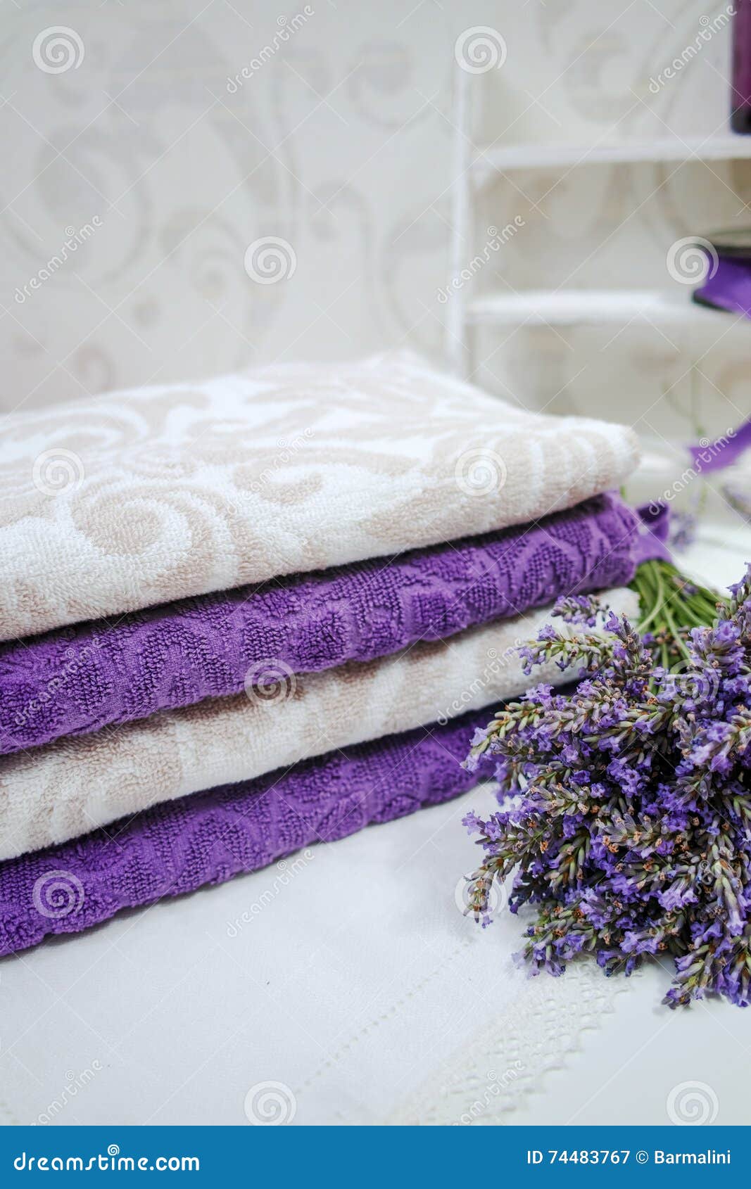 Stack of Bath Towels with Fresh Lavender Flowers Stock Image Image of