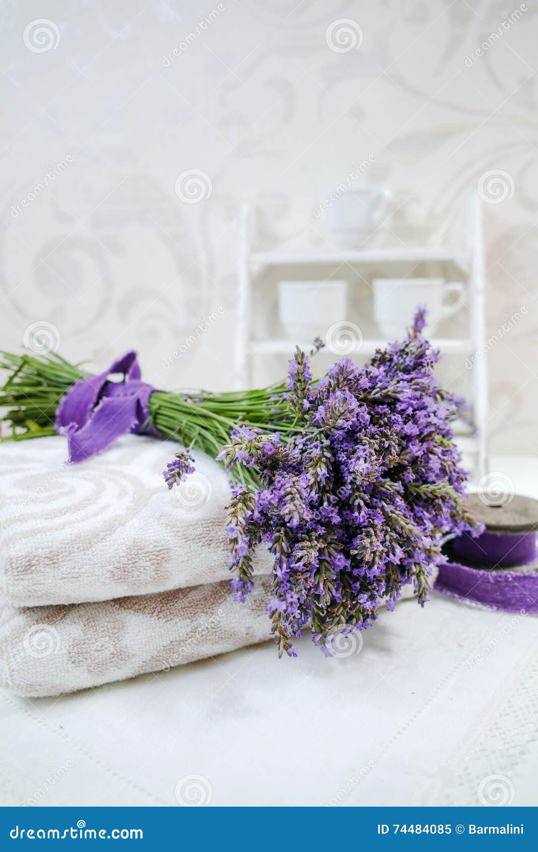 Stack of Bath Towels with Fresh Lavender Flowers Stock Image Image of