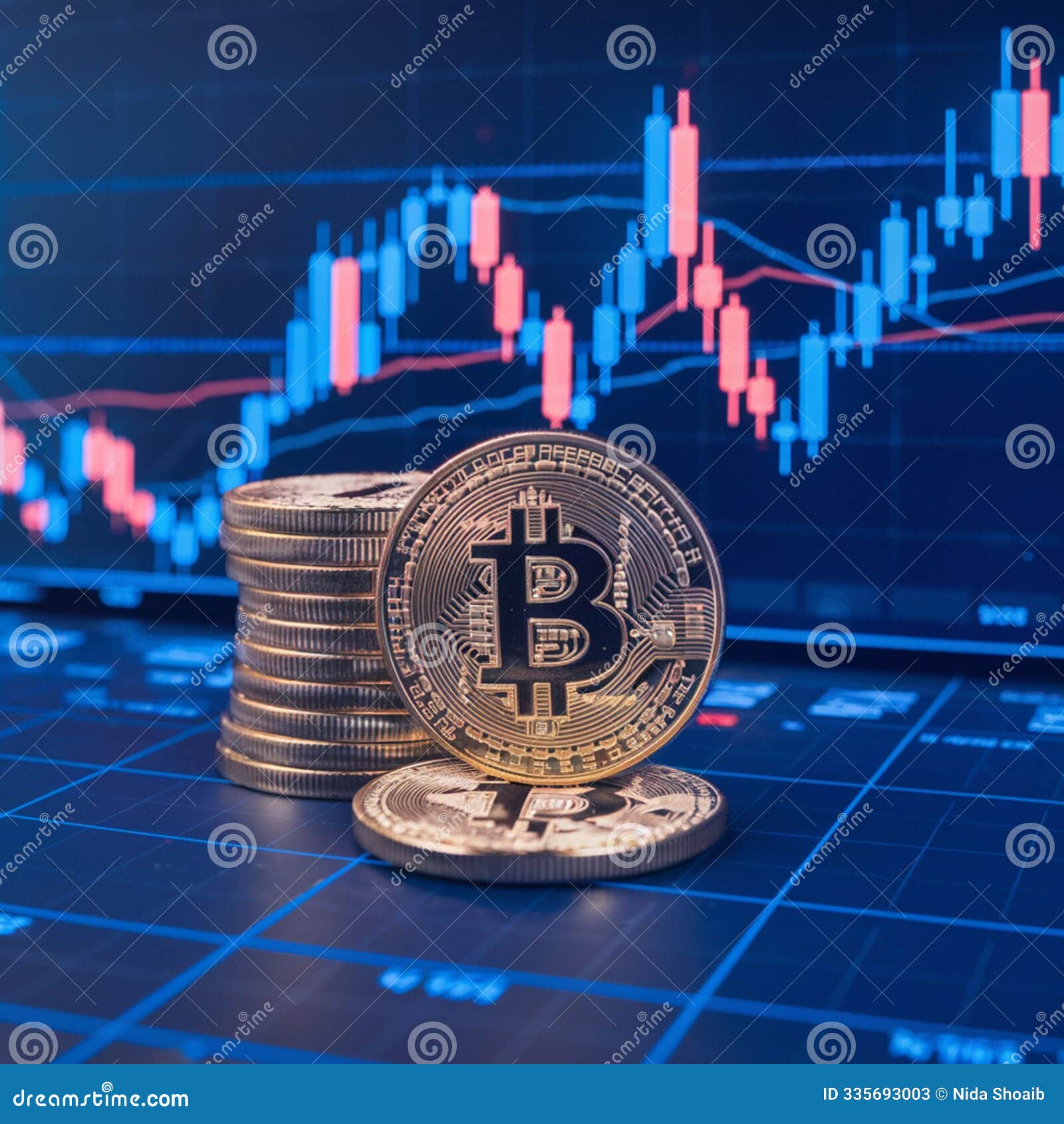 Stack of Bitcoin Coins with Blue Red Candlestick Chart in Digital Trading  Atmosphere Stock Illustration - Illustration of chart, clear: 335693003