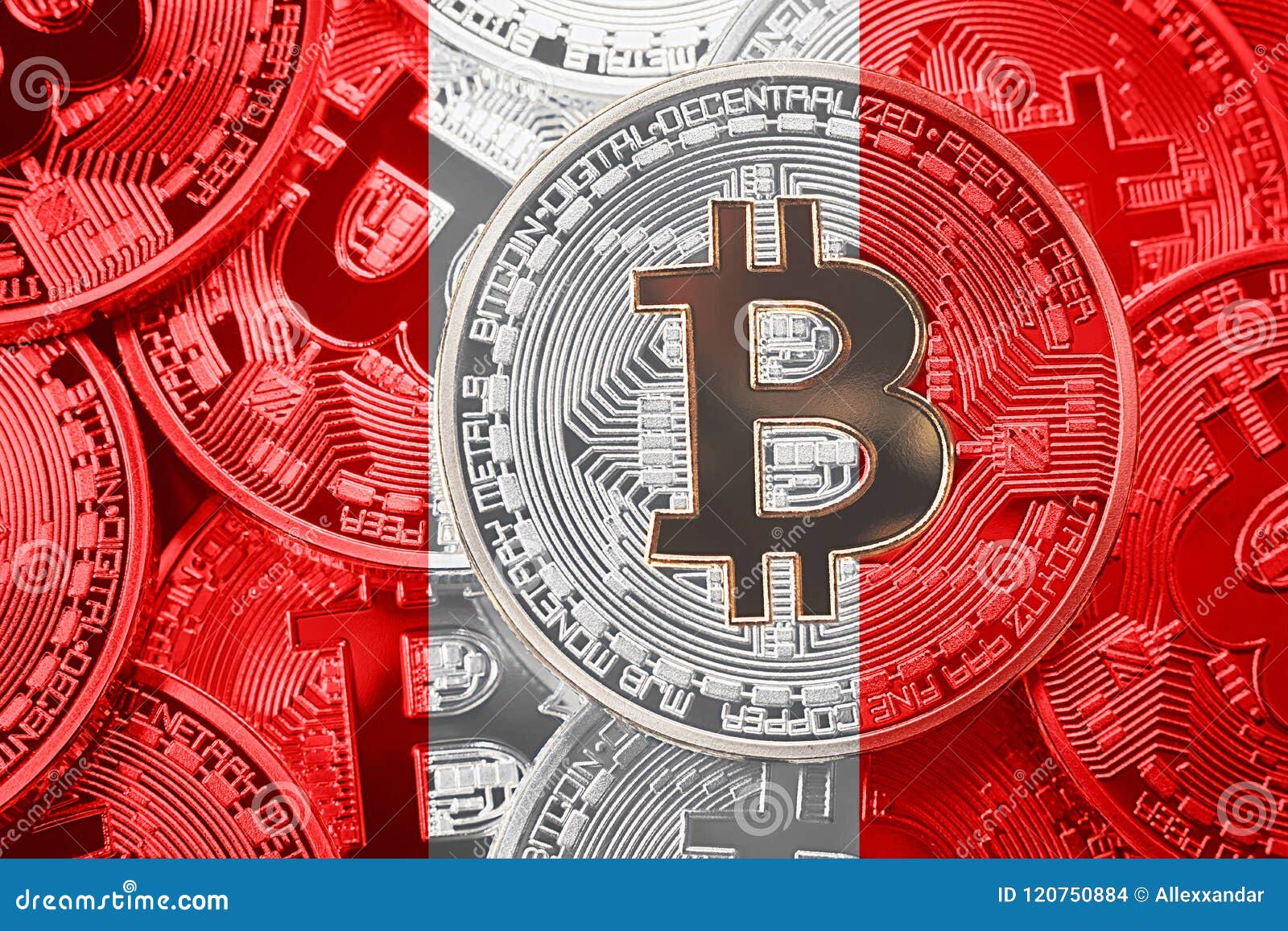 Stack of Bitcoin Peru Flag. Bitcoin Cryptocurrencies Concept. BTC