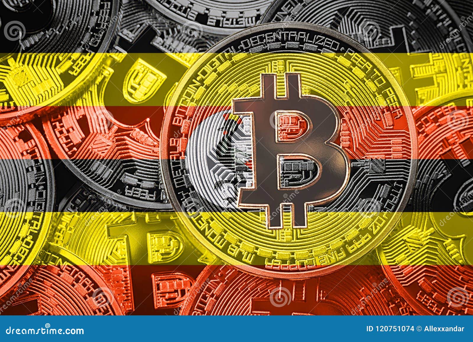 Stack of Bitcoin Uganda Flag. Bitcoin Cryptocurrencies Concept Stock