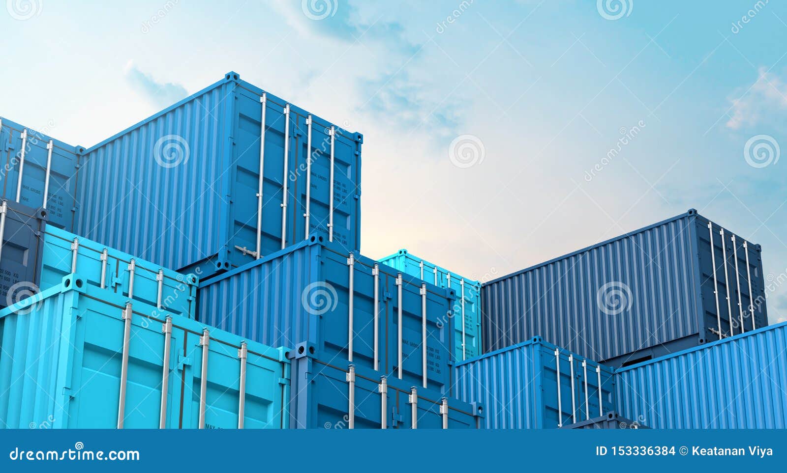 Stack of Blue Containers Box, Cargo Freight Ship for Import Export 3D