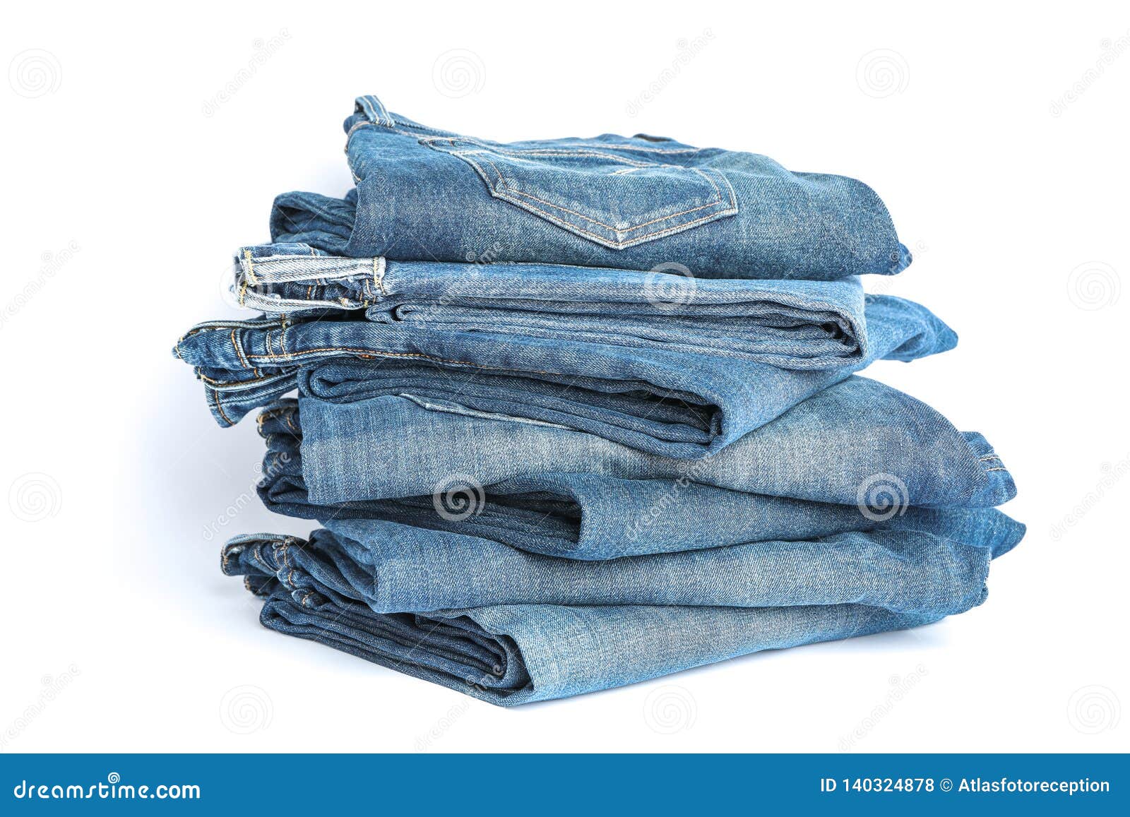 Stack of Blue Jeans on White Background Stock Photo - Image of textile