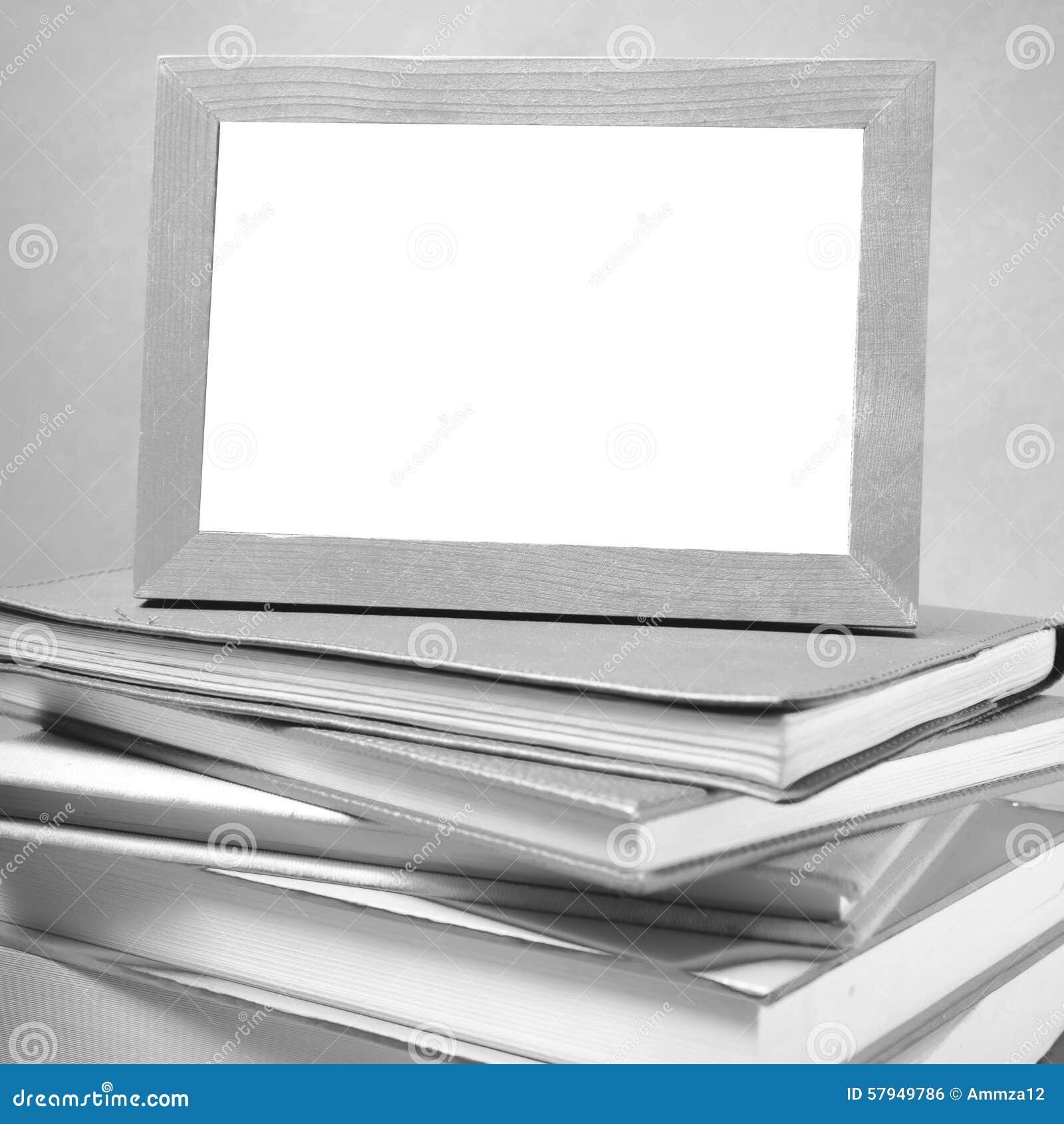 Stack of Book and Photo Frame Black and White Tone Style Stock Photo Image of wooden, book