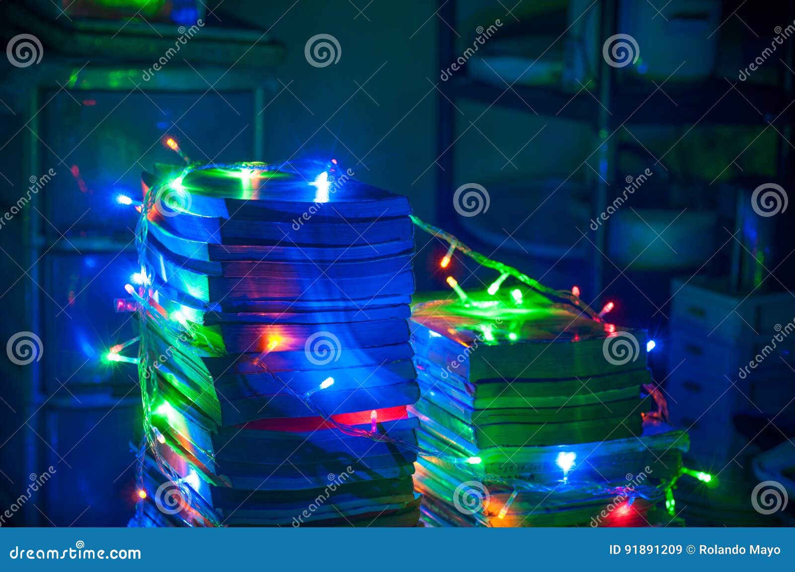 Stack of Books in Christmas Lights. Stock Image Image of education