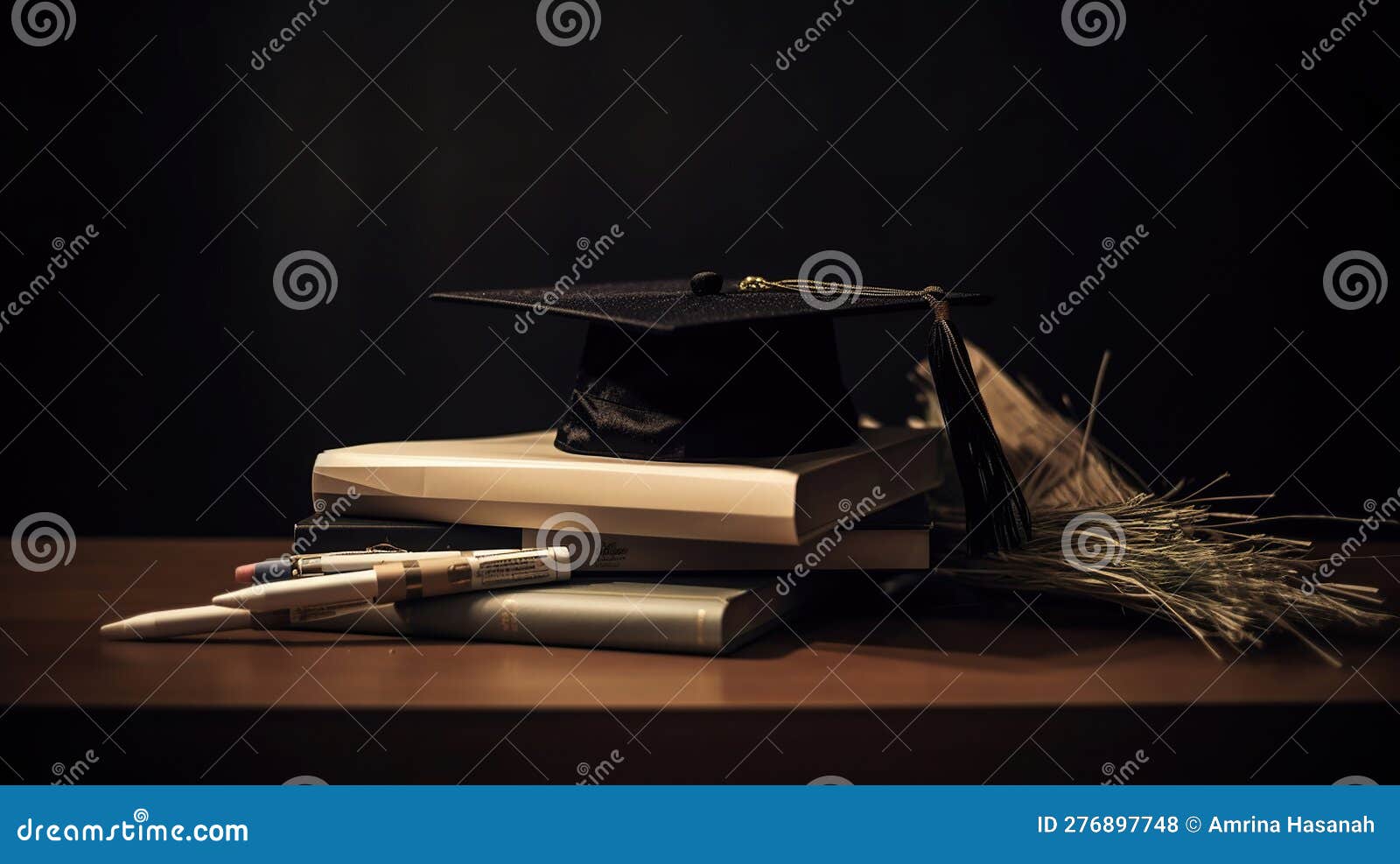 Stack Of Books, Graduate Cap, Diploma And Fether Pen On The School Desk