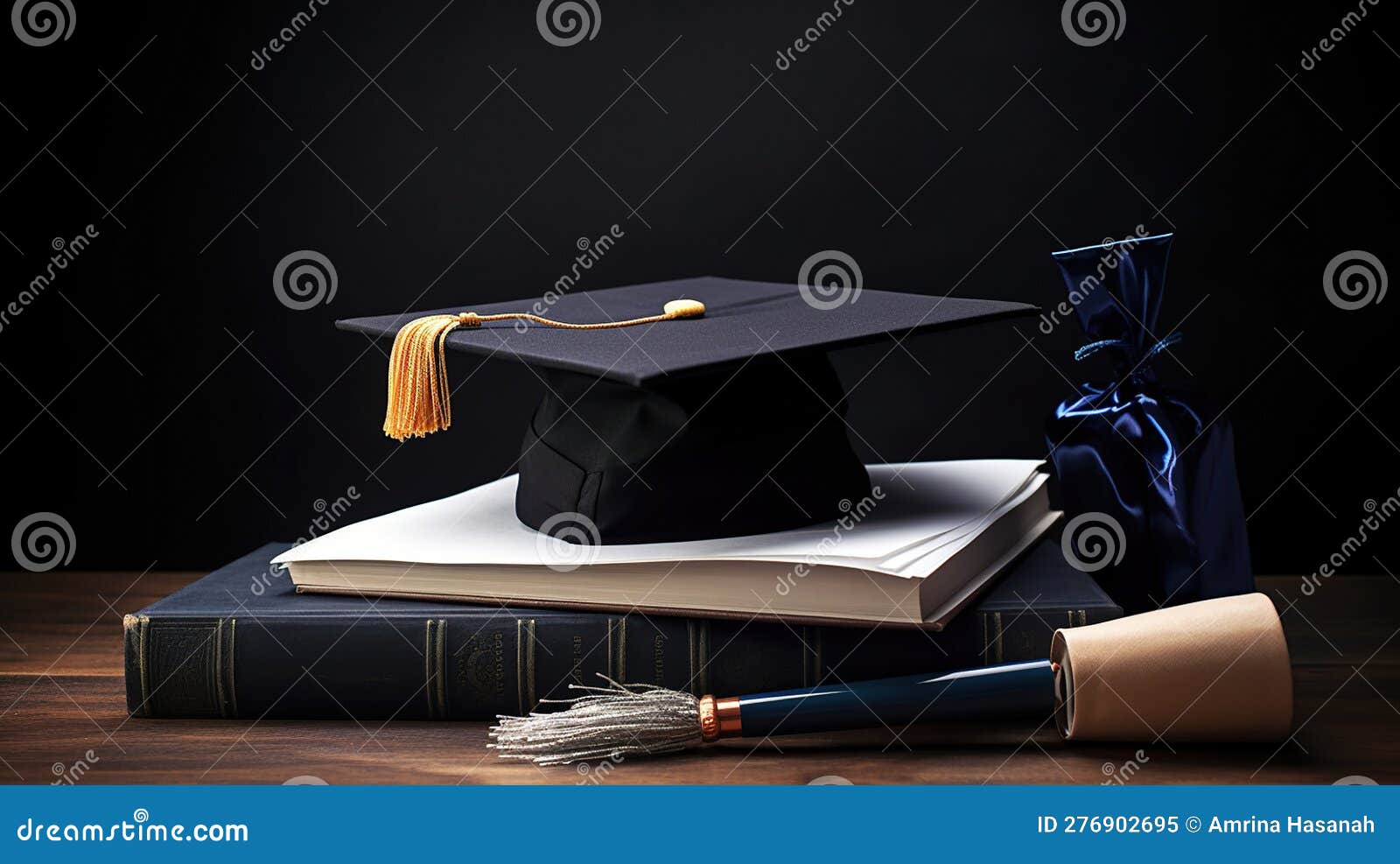 Stack Of Books, Graduate Cap, Diploma And Fether Pen On The School Desk