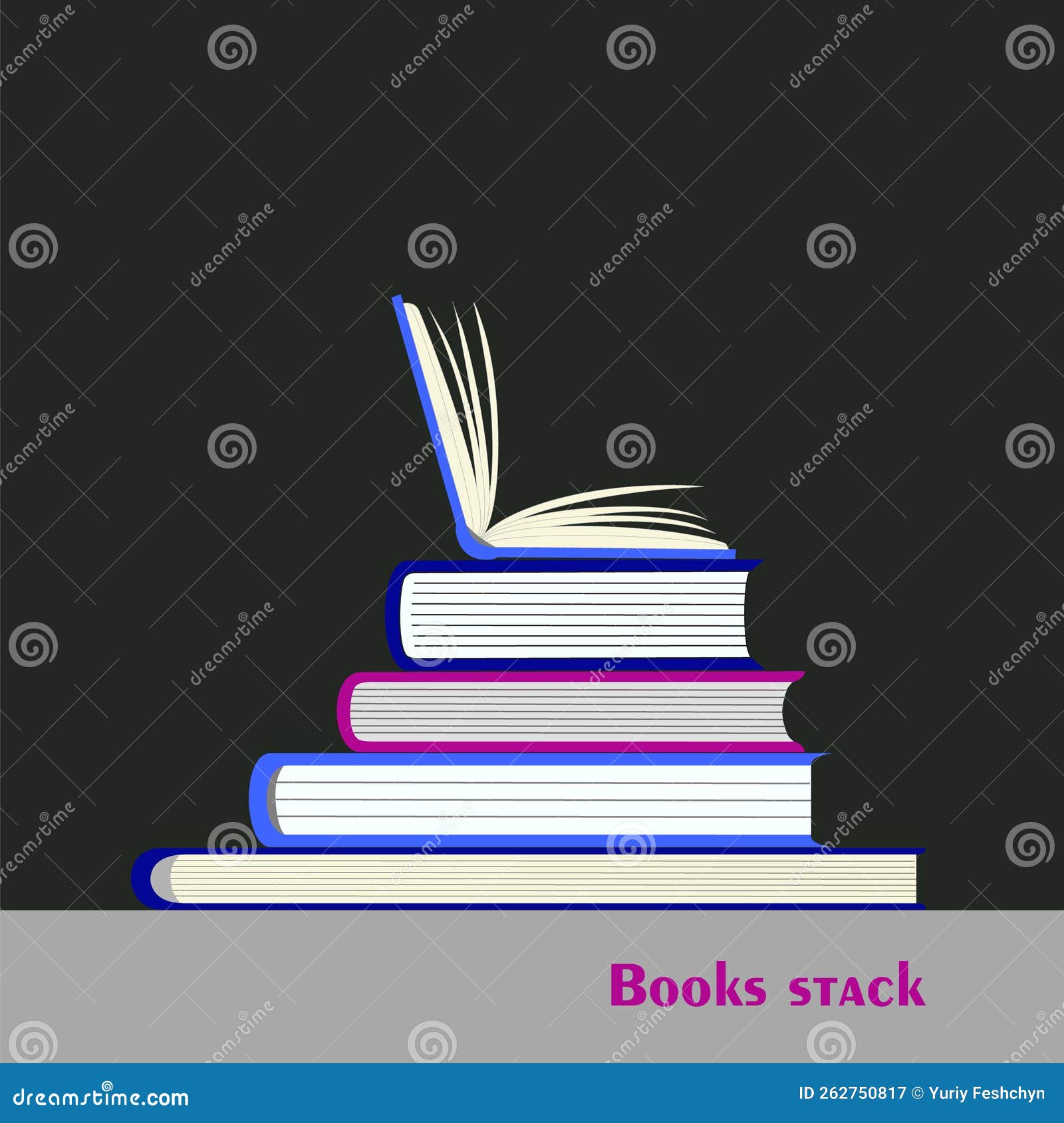 Stack of Books in Hardback with Colorful Covers and Open Book in Top
