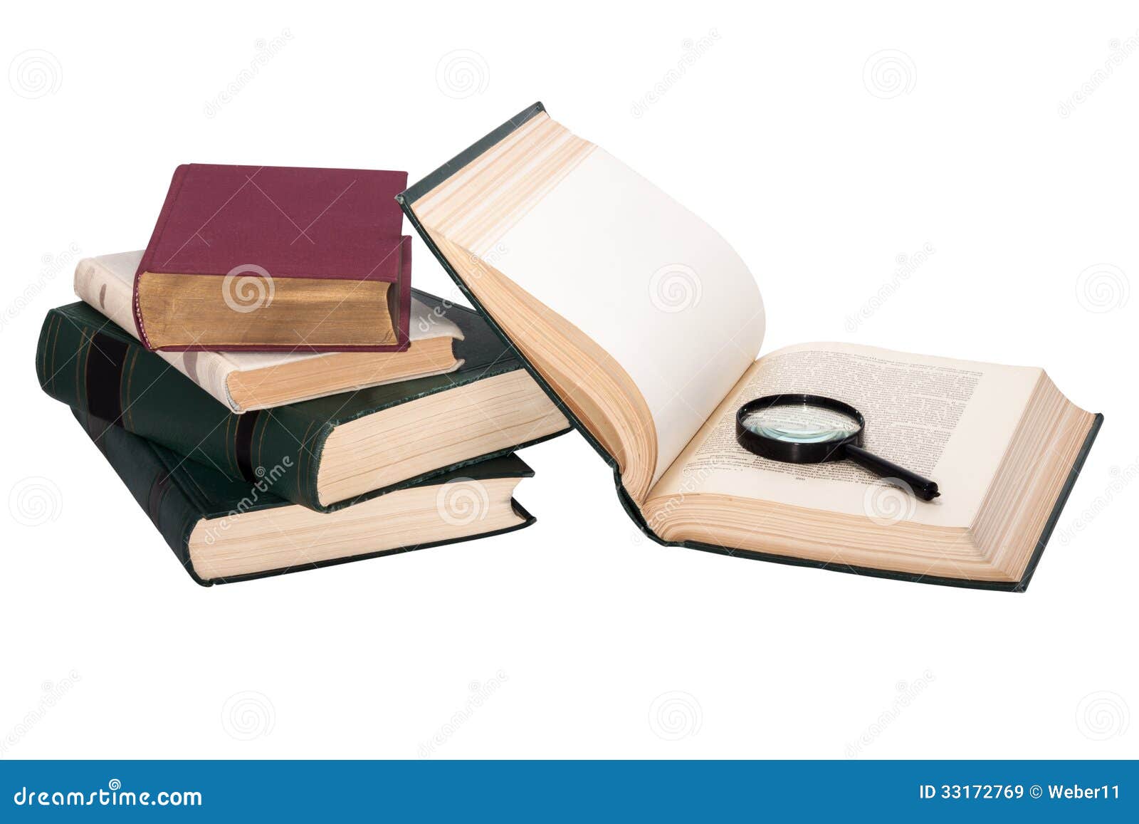 Stack of Books with a Magnifying Glass Stock Image Image of loupe