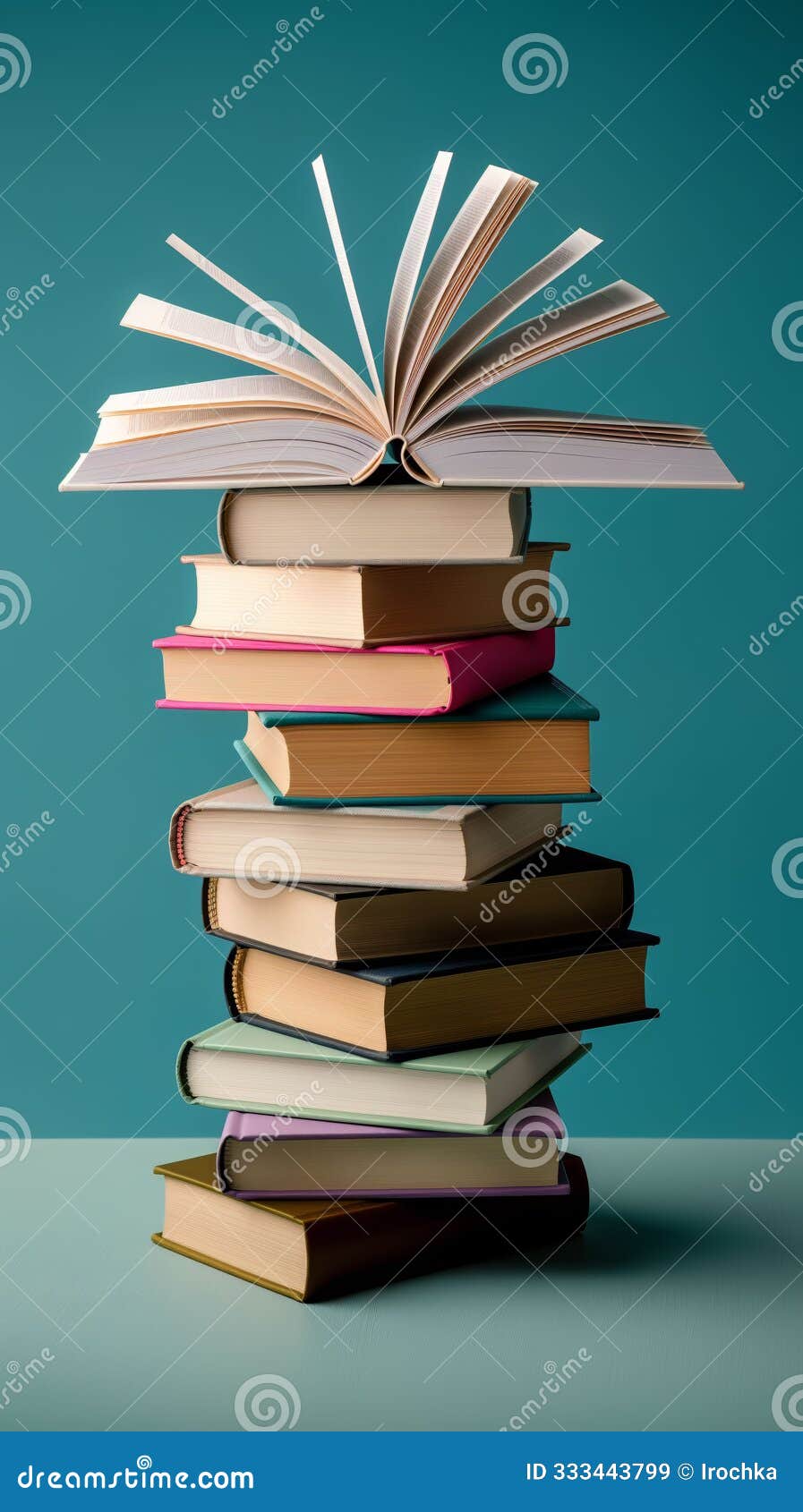 a stack of books with an open book positioned on top, set against a teal