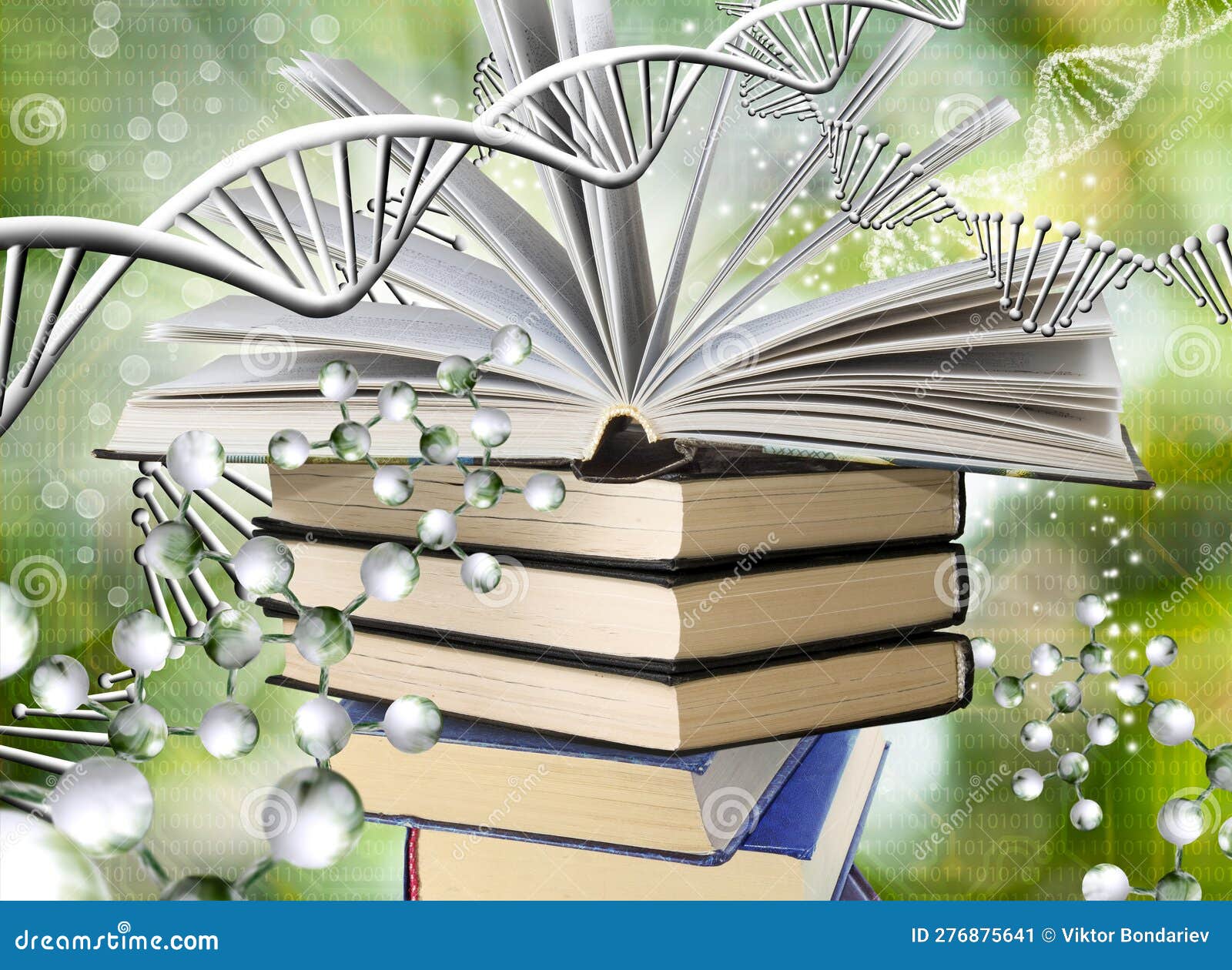 Stack of Books and on it an Open Book Surrounded by Stylized Figures of