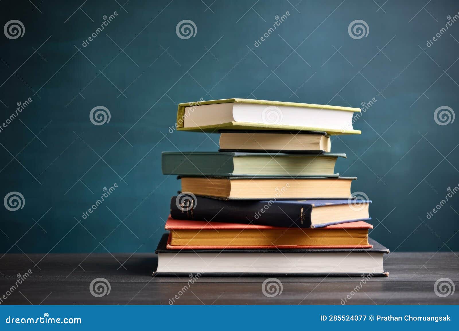 stack of books and pencils on school table font of blackboard, ai generator.