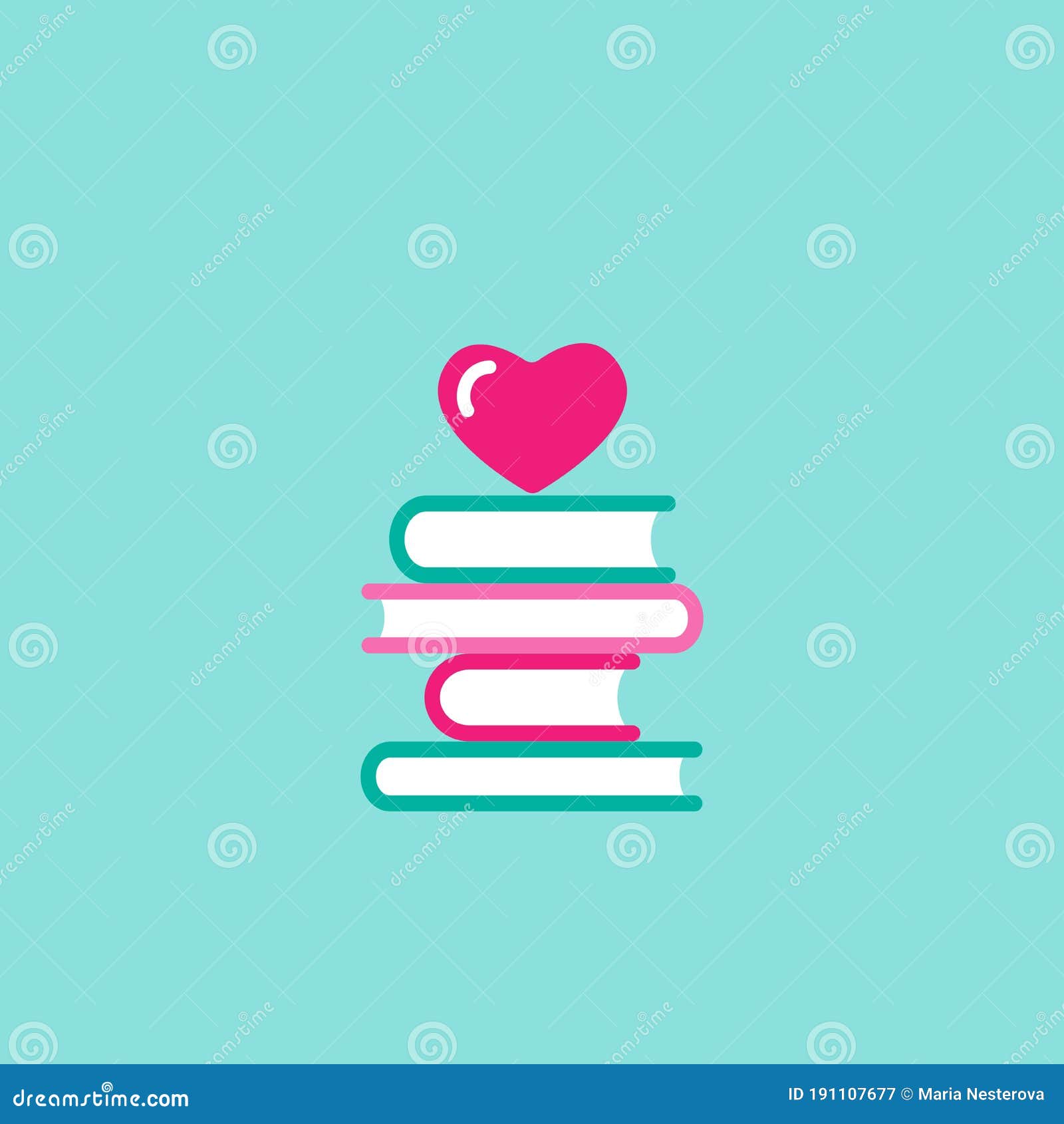 stack of books with pink heart.  on blue background. bibliophile flat icon. 