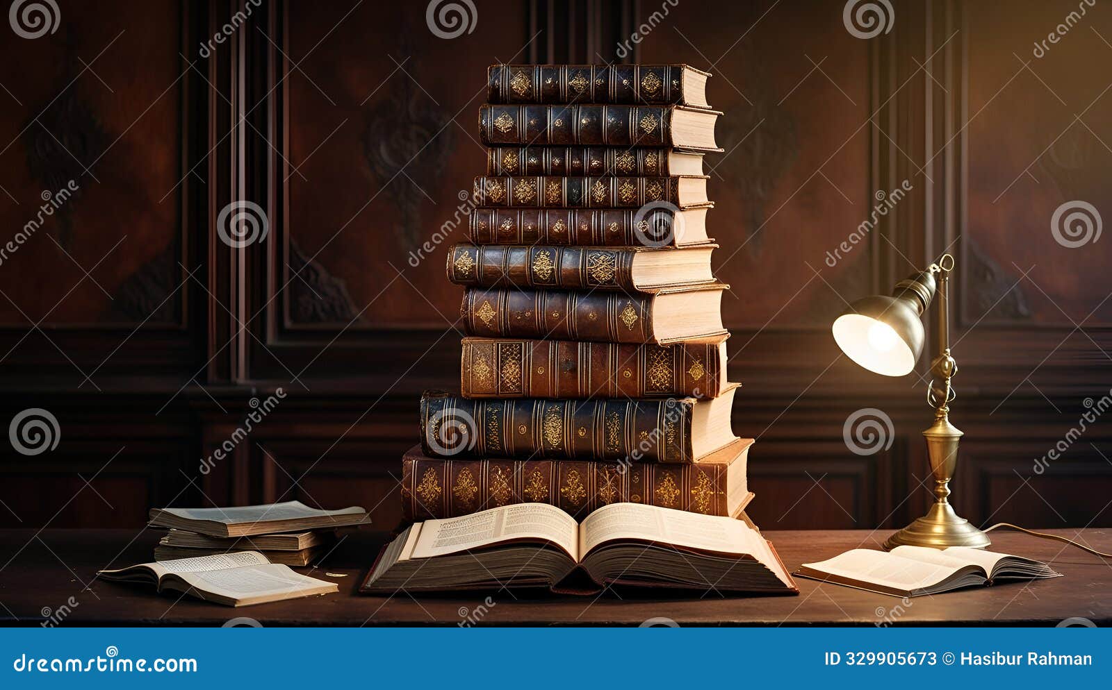 stack of books with reading lamp education learning concept