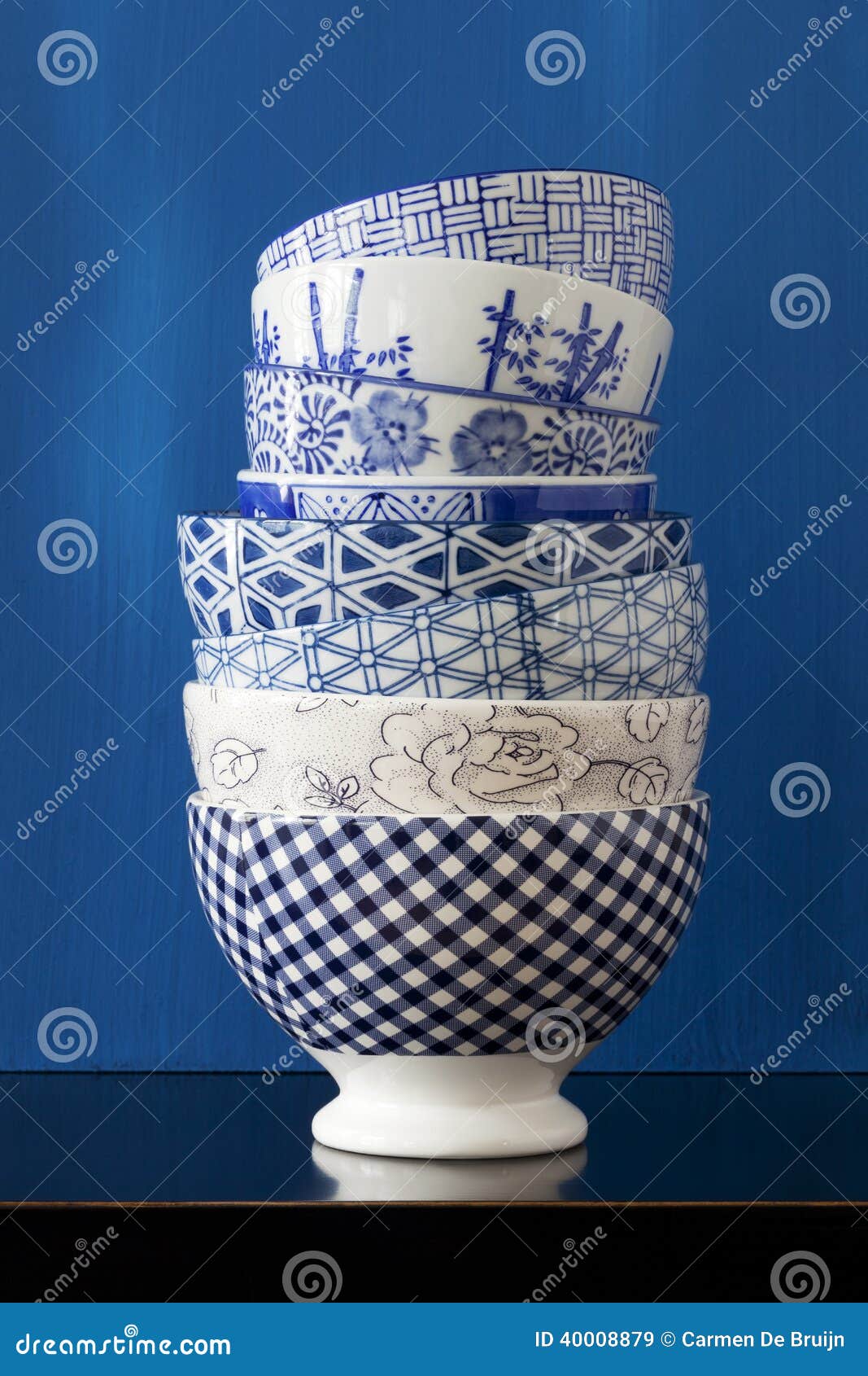 Stack of Bowls with Blue and White Designs Stock Image Image of