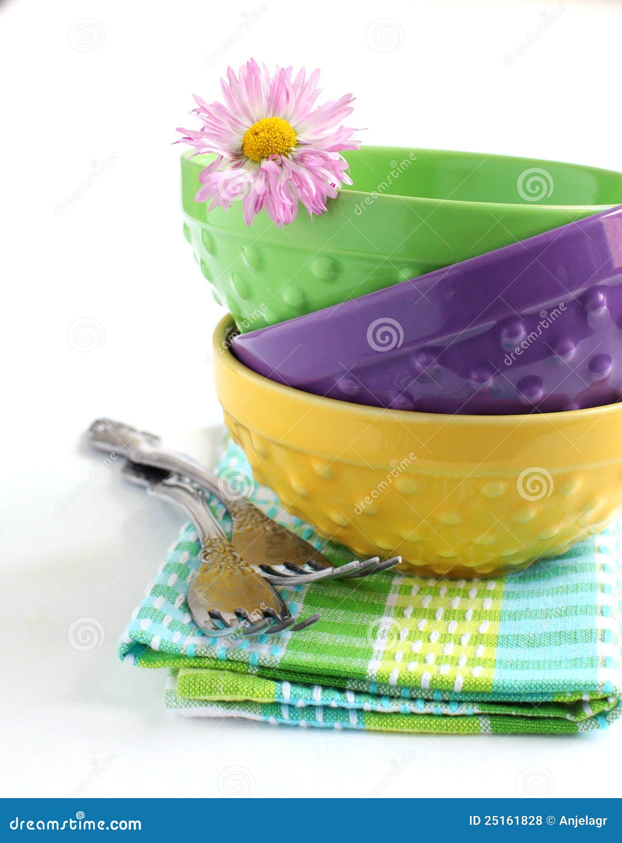 Stack of bowls and forks stock photo. Image of colourful 25161828