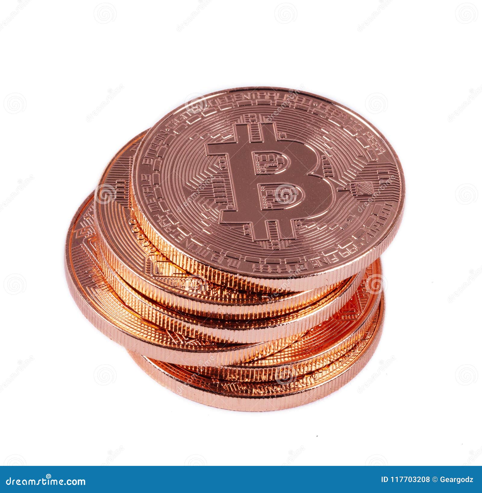 Stack of Bronze Bitcoin Isolated on White Background Stock Photo