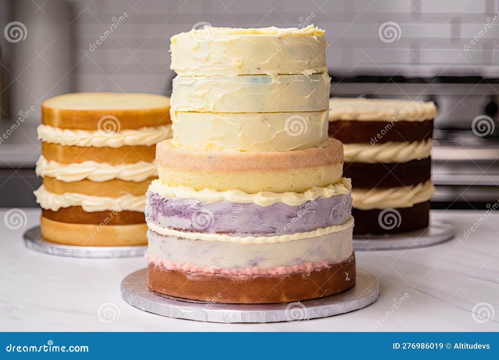Stack of Cakes, with Each Layer Showing a Different Frosting Technique