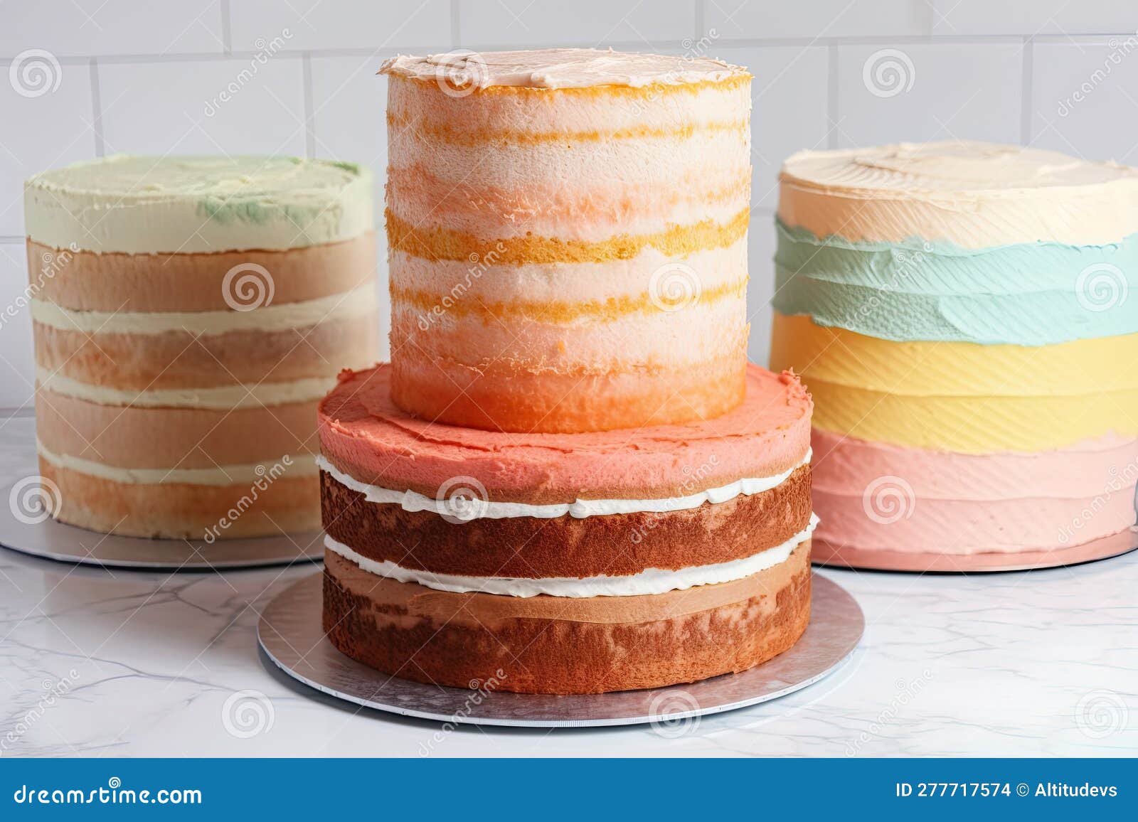 Stack of Cakes, with Each Layer Showing a Different Frosting Technique