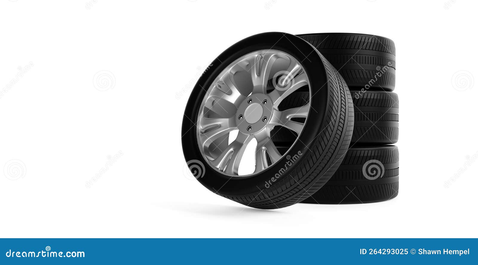 Stack of Car Tires with Single Tire Leaning Against Them on White