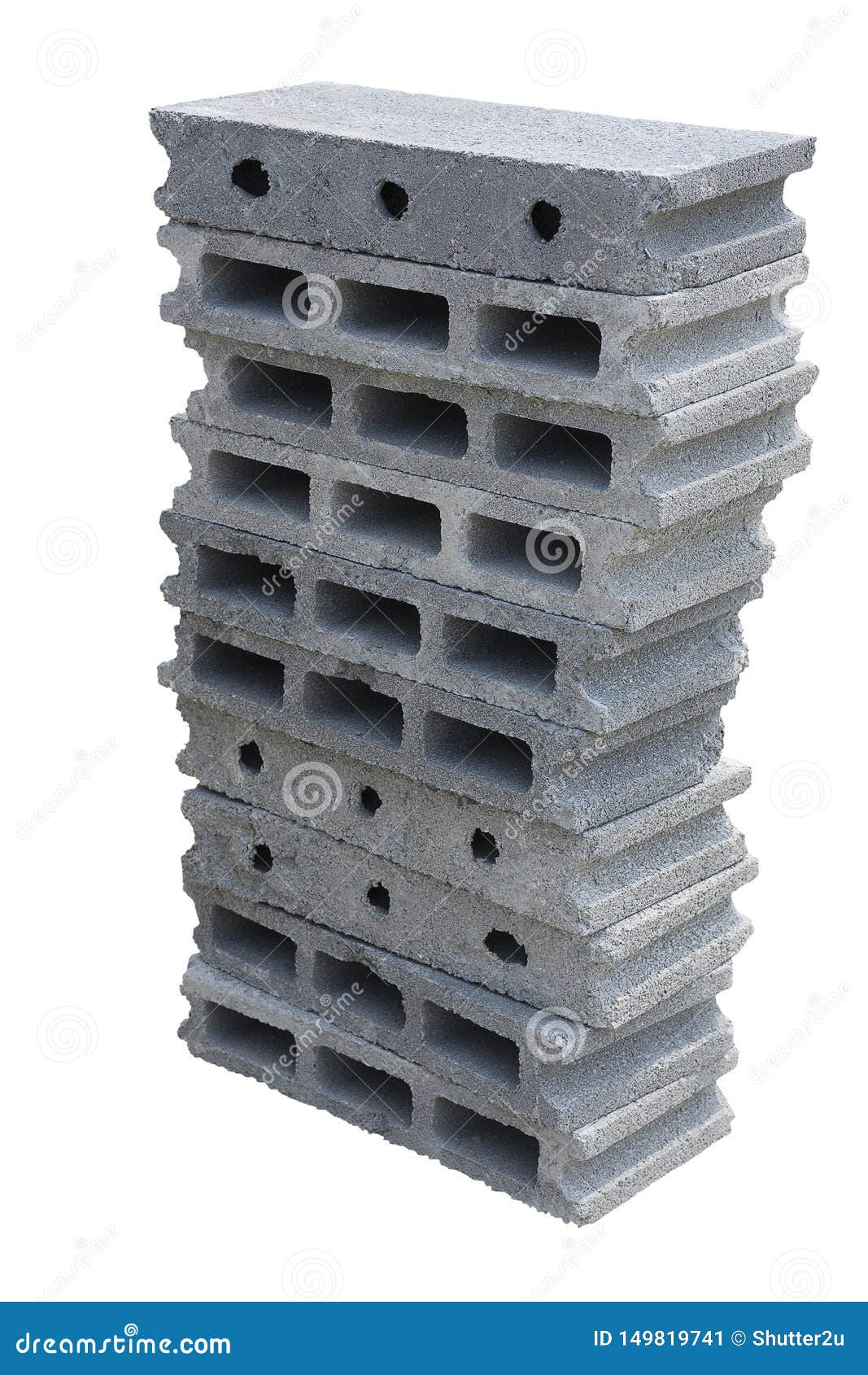 Stack Of Cement Brick Block On Isolated White Background With Clipping Path. Object And