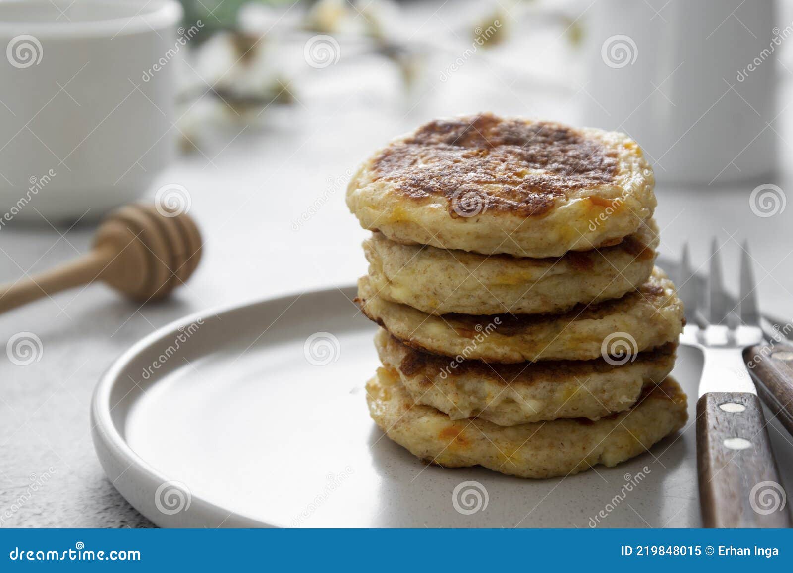 Stack of Cheese Flapjacks. Rounf Pancakes Made from Cotage Cheese Stock