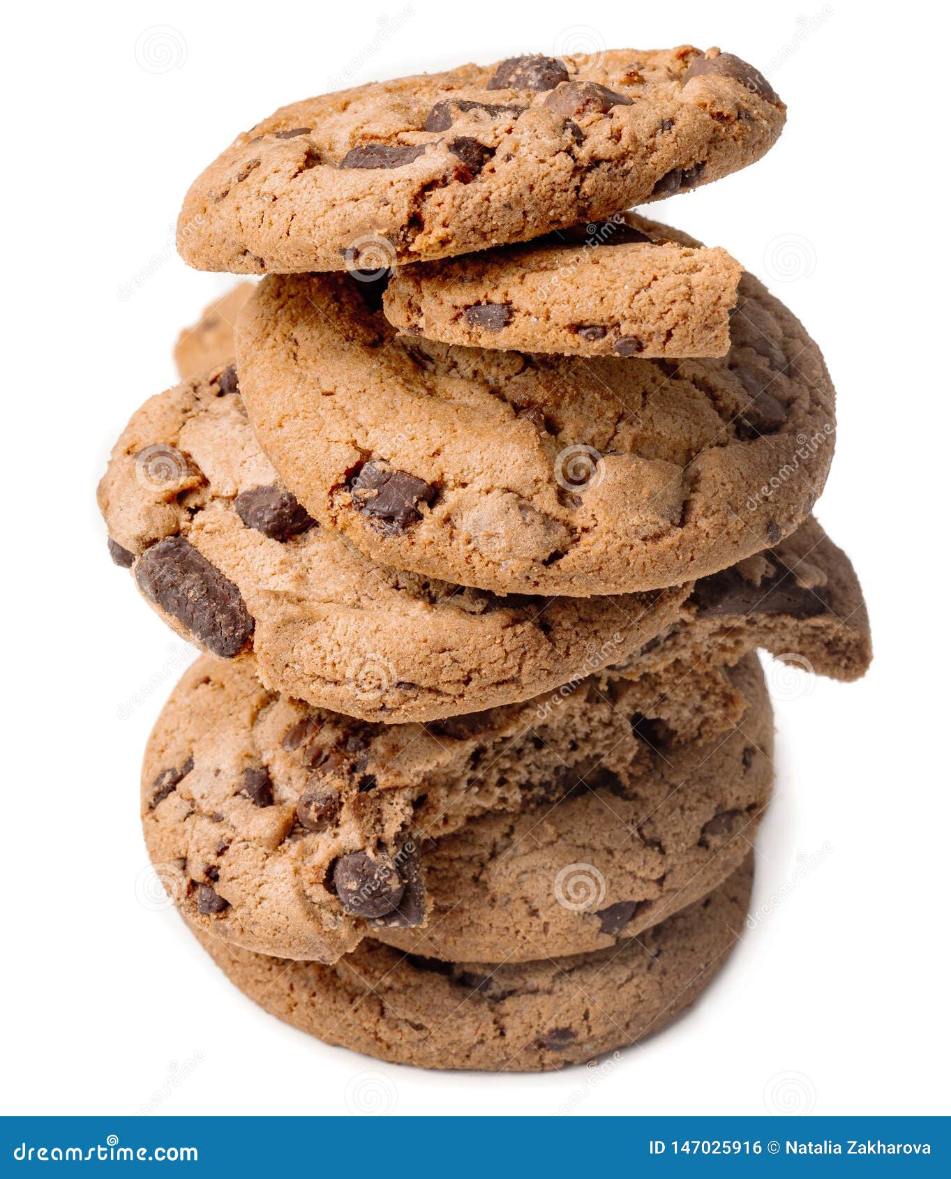 Stack of Chocolate Chip Cookies with Chocolate Chunks Isolated on White