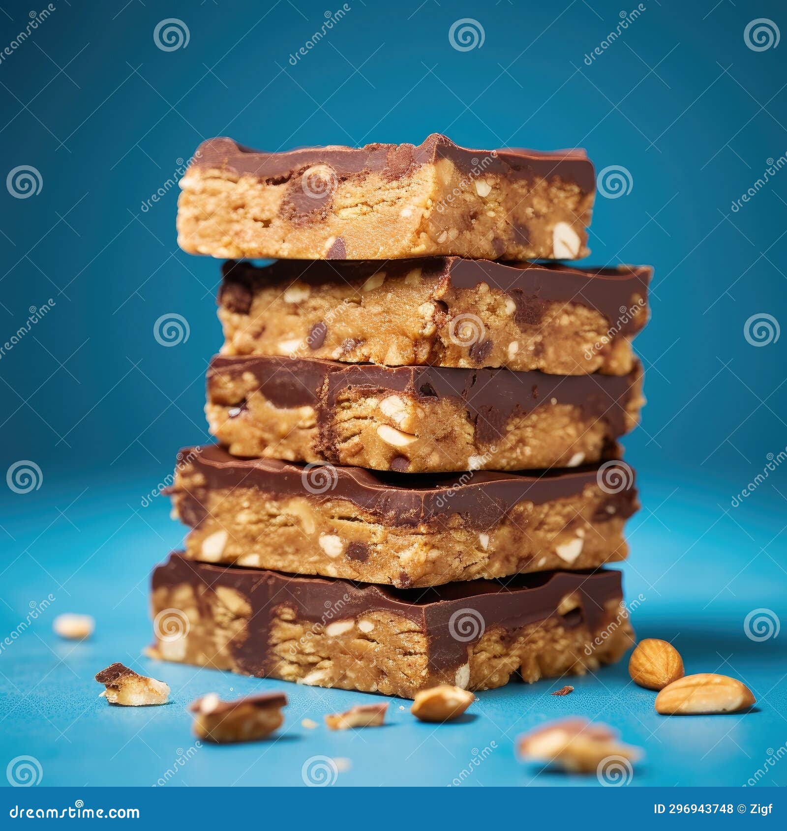 Stack of Chocolate Peanut Butter Bars on a Blue Background Stock