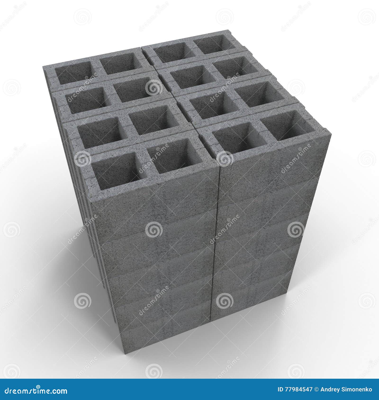 Stack of Cinder Block Bricks Isolated on White. 3D Illustration Stock