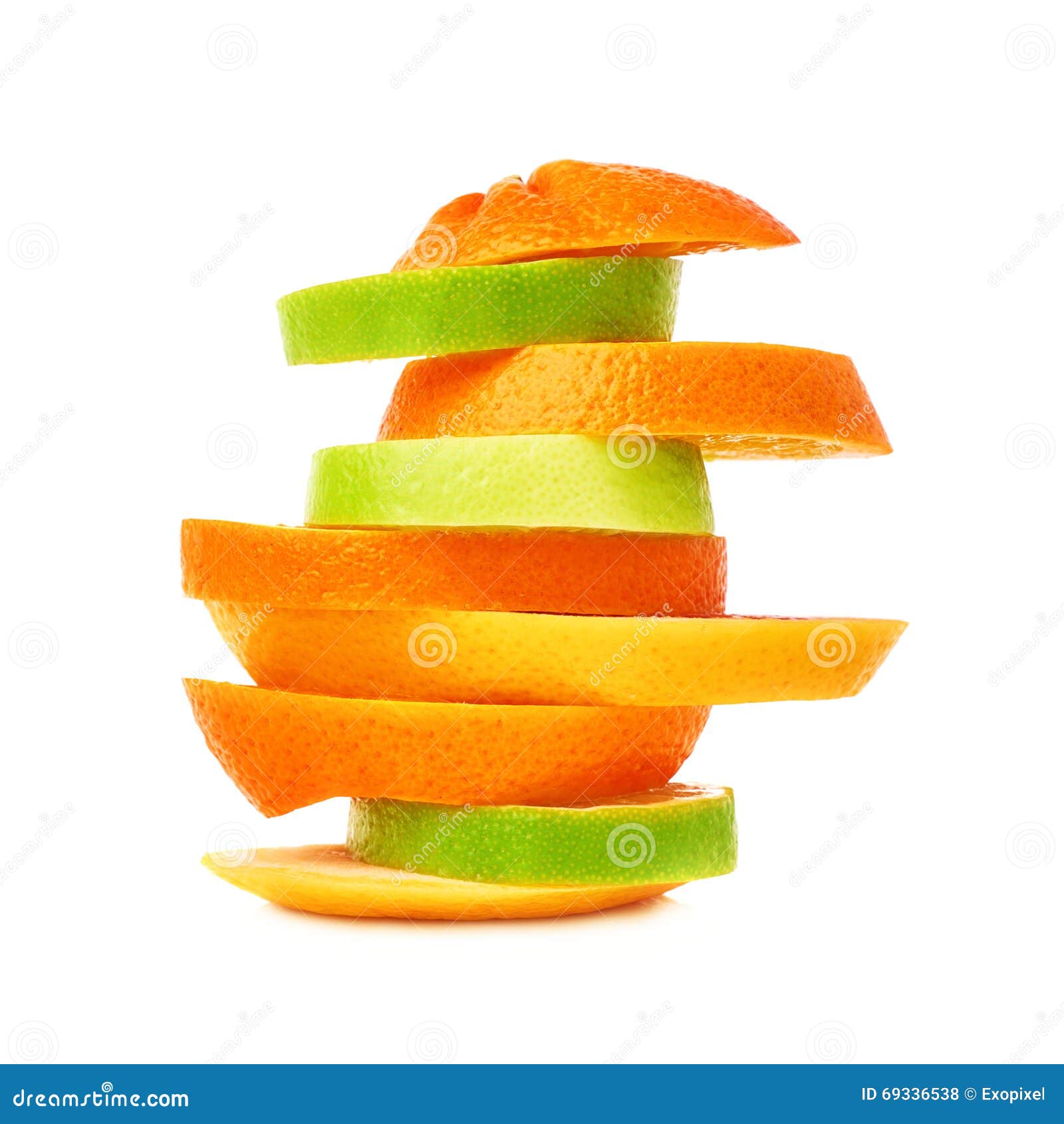Stack of Citrus Sliced Fruits Over White Isolated Background Stock