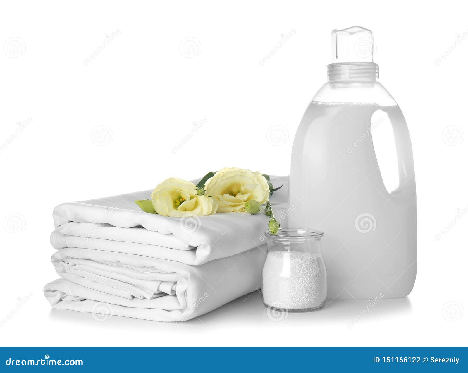 Stack of Clean Bed Sheets and Washing Detergents on White Background