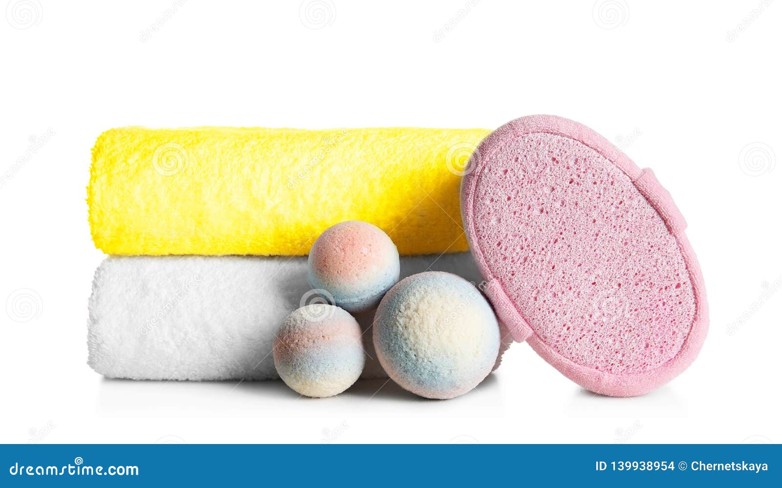 Stack of Clean Soft Towels, Bath Bombs and Sponge Stock Photo Image