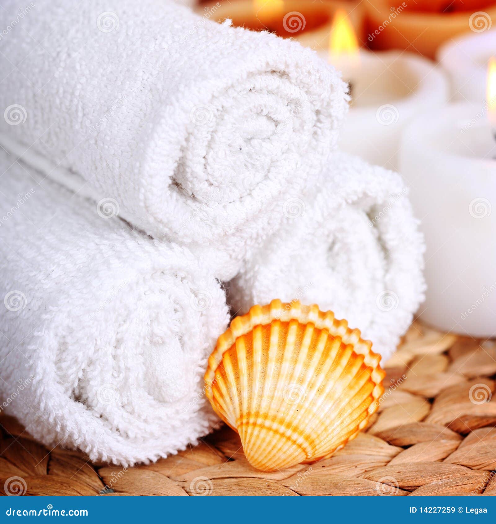 Stack of Clean Towels and Shell Stock Image - Image of aroma, luxury:  14227259