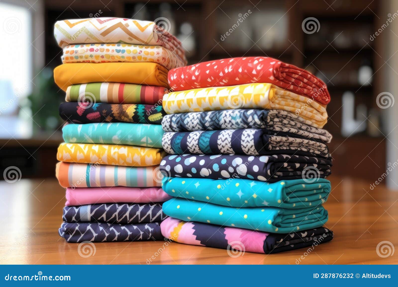 Stack of Cloth Diapers in Various Colors and Patterns Stock