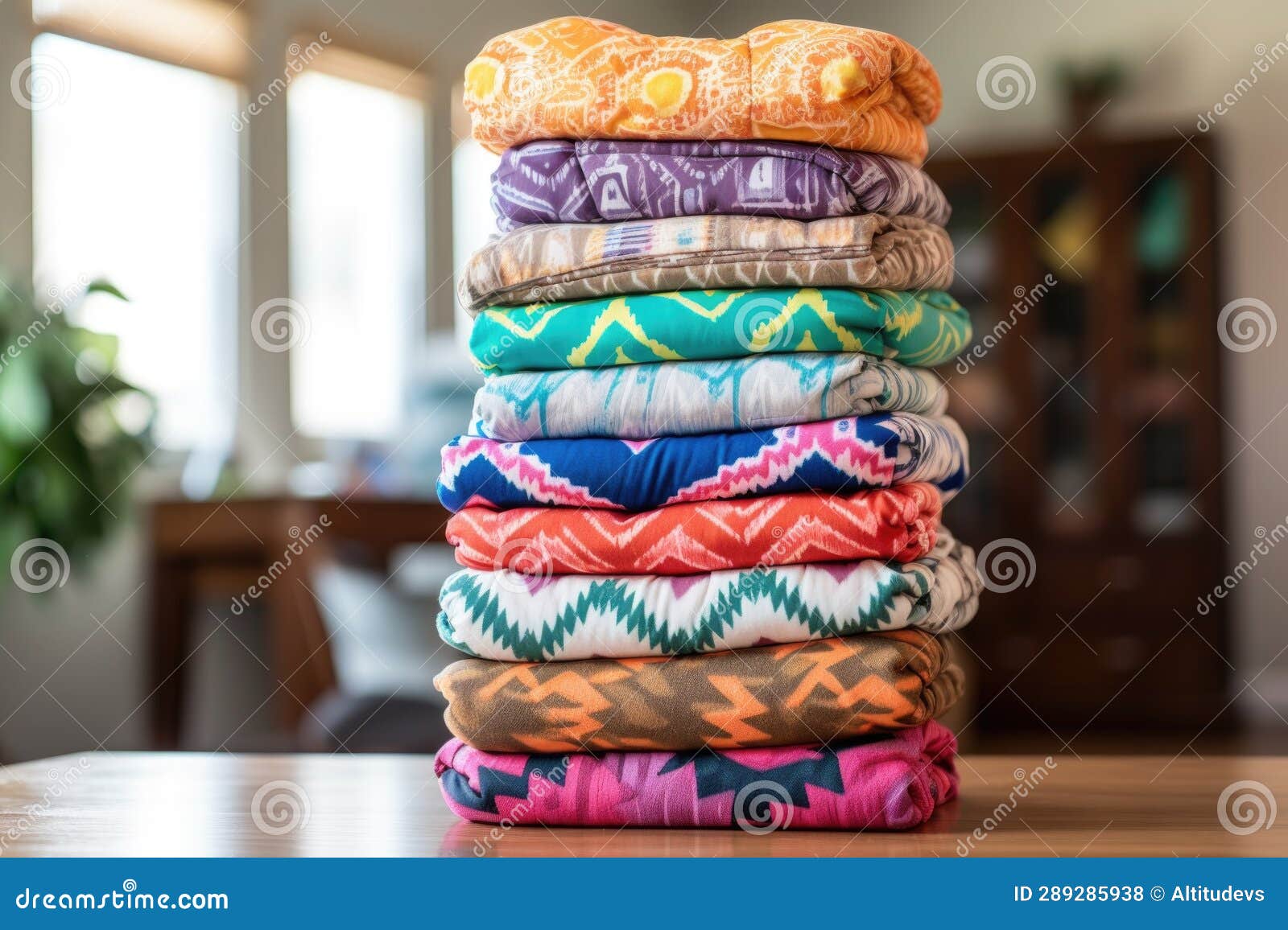 Stack of Cloth Diapers in Various Colors and Patterns Stock Photo