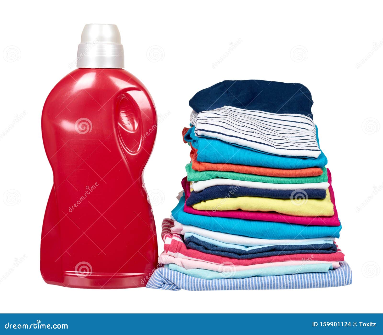 Stack of Clothes and Detergent Bottle, Fresh Laundry Textile Stock