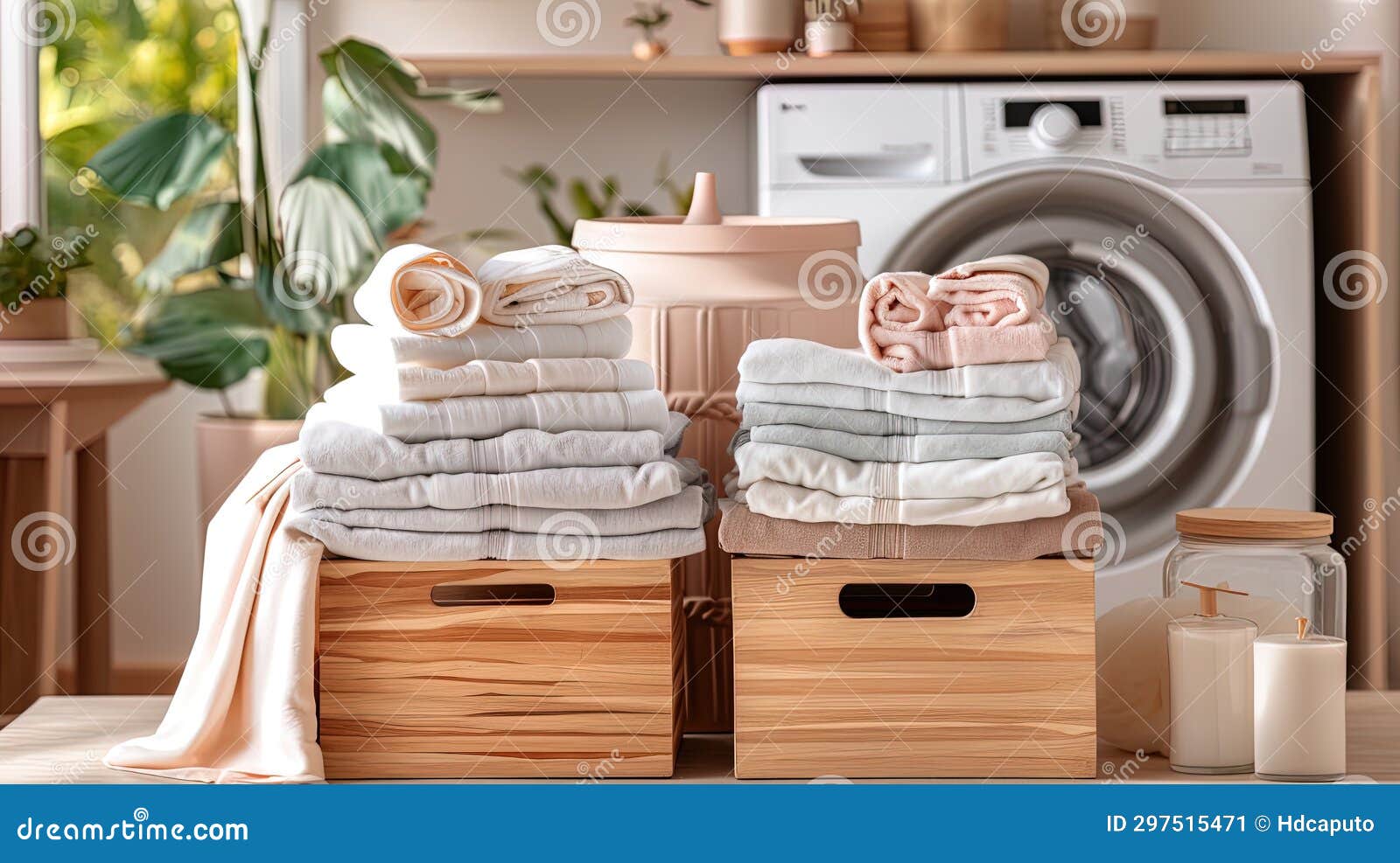 Stack of Clothes. Pile of Clothing on Carton Boxes Washer Machine